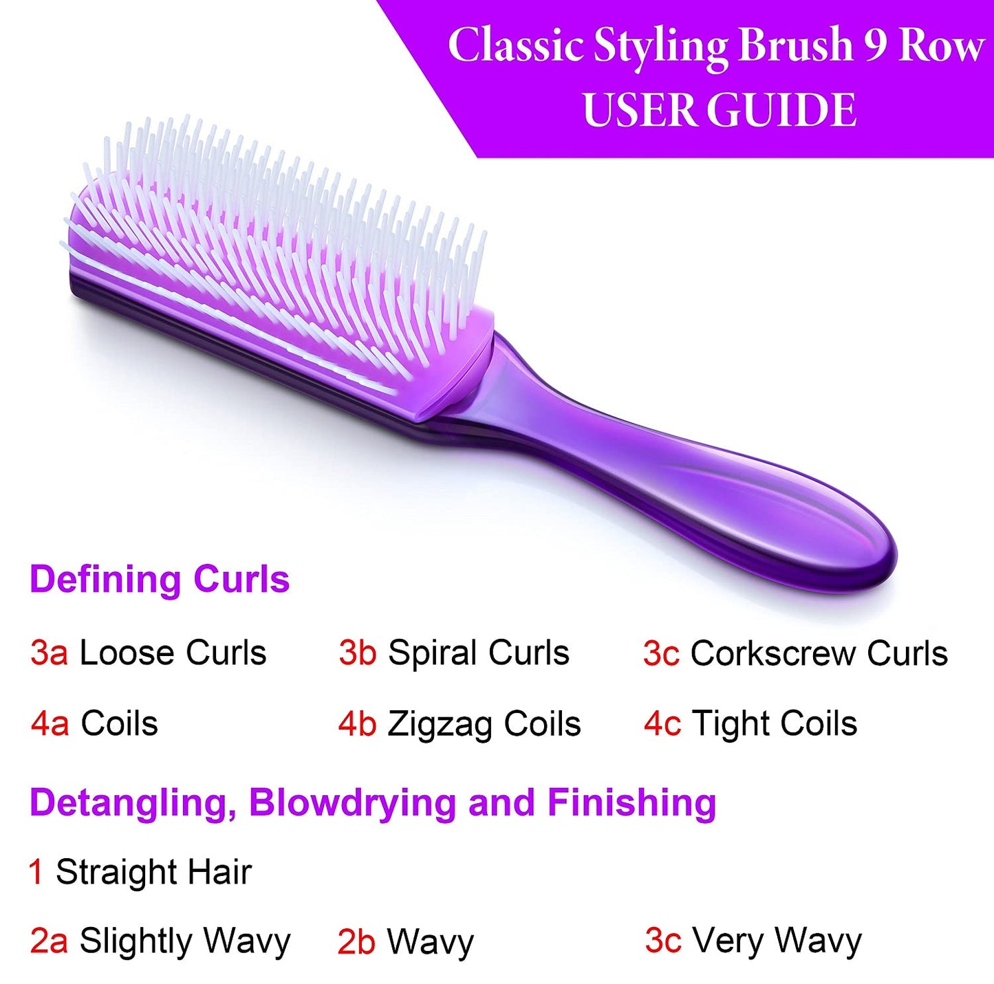 Brosse de définition KTKUDY à 9 rangs pour modeler et finir les boucles - Brosse démêlante pour cheveux épais, ondulés ou bouclés (violet)