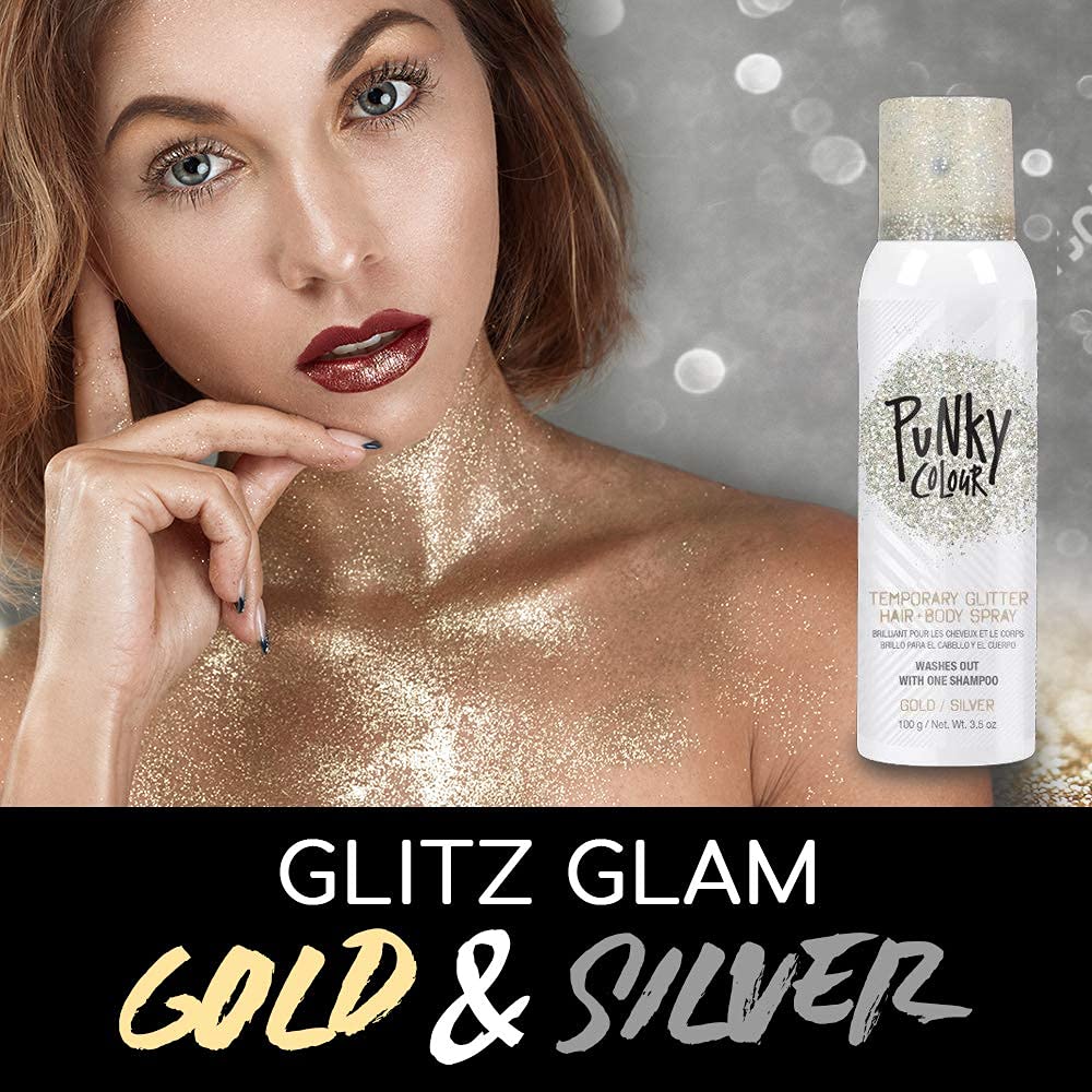 Punky Colour Temporary Hair and Body Glitter Spray, Gold/Silver – Glitters Hairspray, Adds Shimmery Glow, Hair Glitter for Kids, Women, Men, 3.5 oz