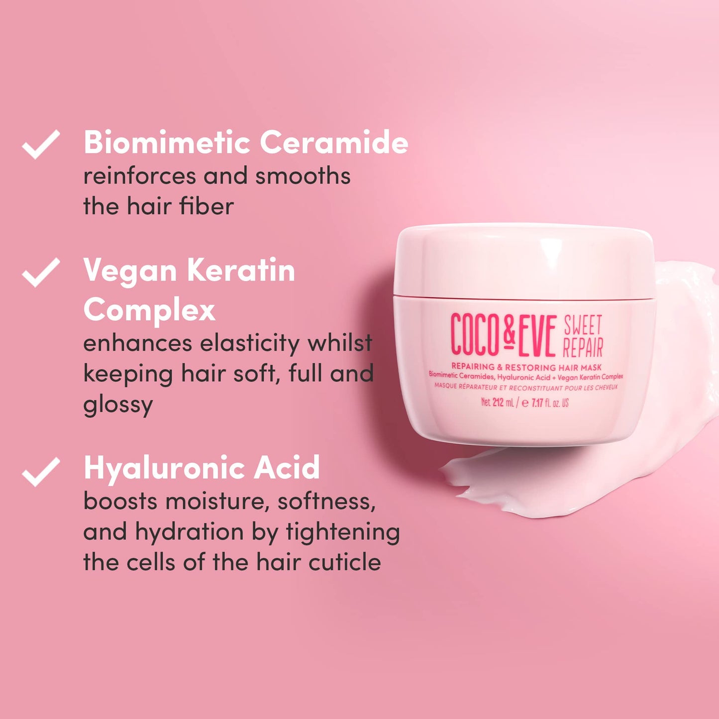 Masque capillaire réparateur et réparateur Sweet Repair de Coco &amp; Eve. Cheveux 85 % plus forts, réduction des dommages capillaires de 65 %. Céramides biomimétiques, acide hyaluronique, kératine vegan. Hydratation et brillance accrues.