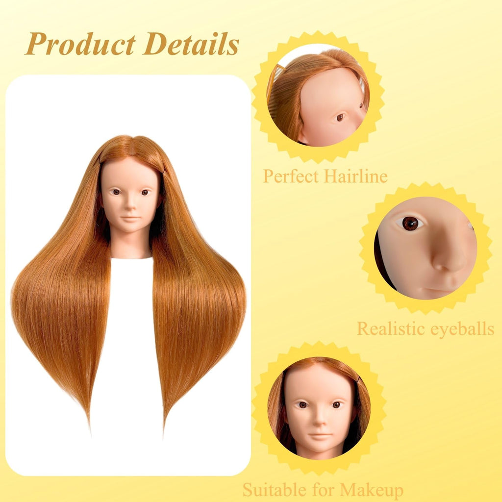 Makeup Mannequin Head with 80% Light Auburn Real Hair, Practice Hair Mannequin Head for Hair Styling, 28" Cosmetology Training Doll Head for Kids