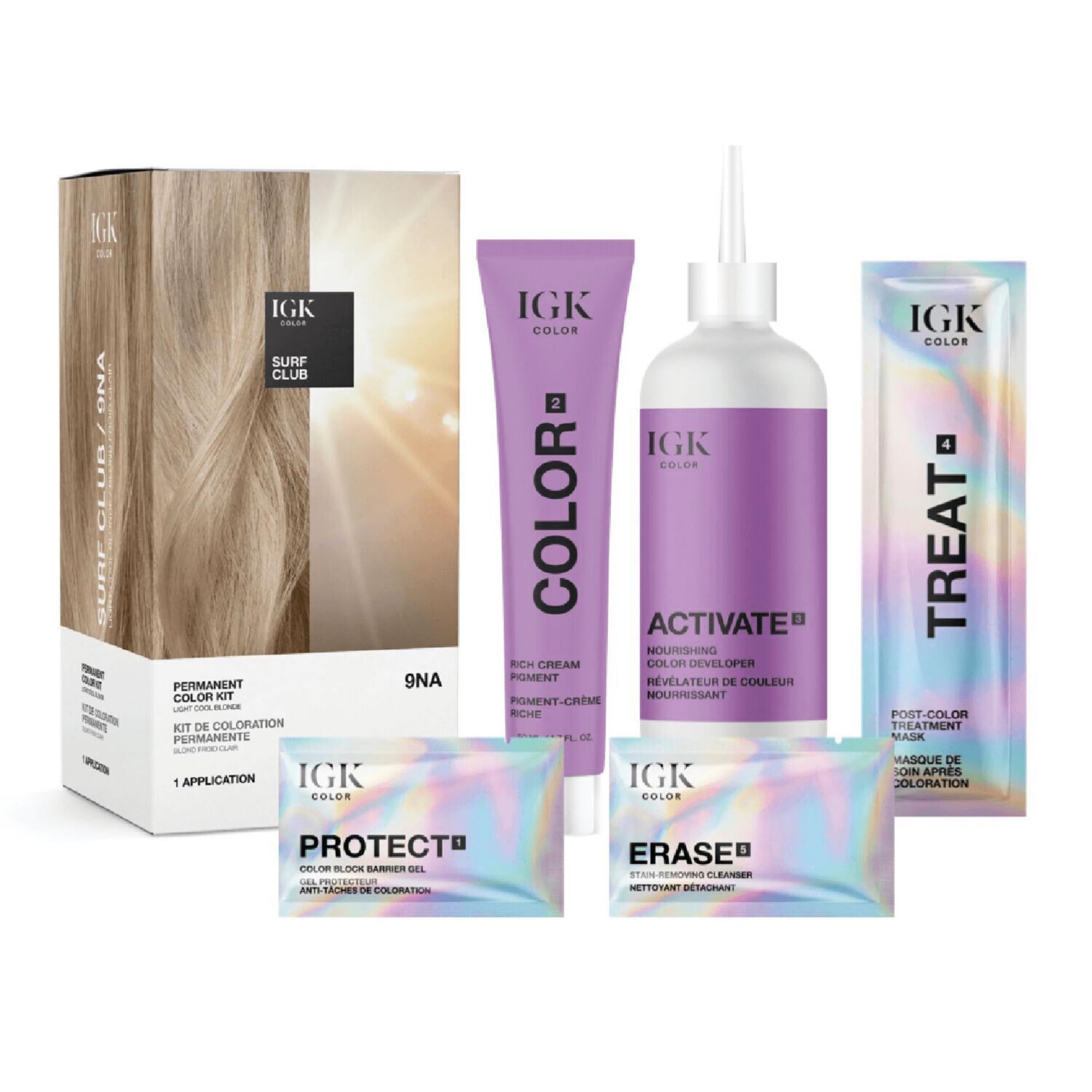 IGK Permanent Hair Dye Color Kit | 9NA Surf Club - Light Cool Blonde | 100% Gray Color Coverage + Strengthen + Shine | Ammonia Free