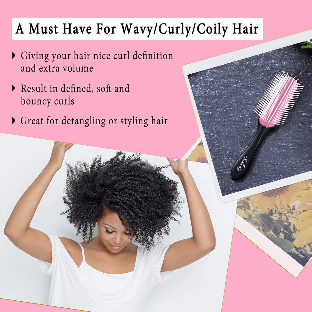 KTKUDY 9 Row Defining Brush for Shaping and Finishing Curls - Detangling Blow-Drying Brush for Thick, Wavy or Coily Hair (Black&Pink)