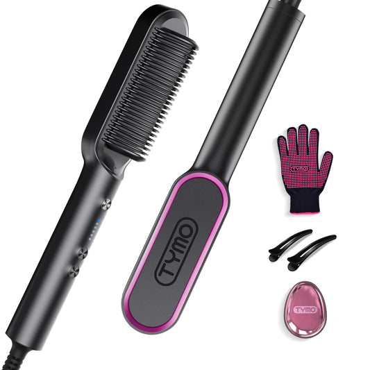 Brosse lissante pour cheveux, peigne lisseur TYMO Ring pour femmes avec 5 températures, chauffage rapide en 20 secondes et double tension, noir