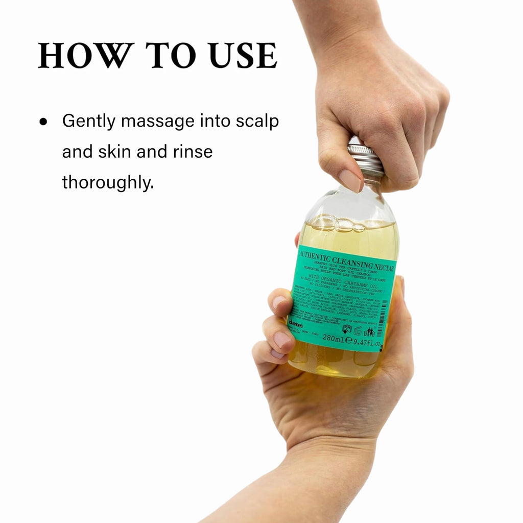 Davines Authentic Cleansing Nectar, Multi-Functional Shampoo & Body Wash - Gentle Oil-Based Cleanser with 98% Natural Ingredients - Hydrates Hair & Skin, 9.47 Fl Oz