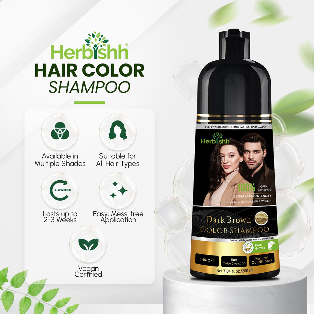 Herbishh Dark Brown Shampoo, Hair Dye Shampoo 3 in 1, 100% Grey Coverage, Hair Color for Men & Women, Long-lasting Color in 20-25 Mins, Ammonia-free, 200 ml