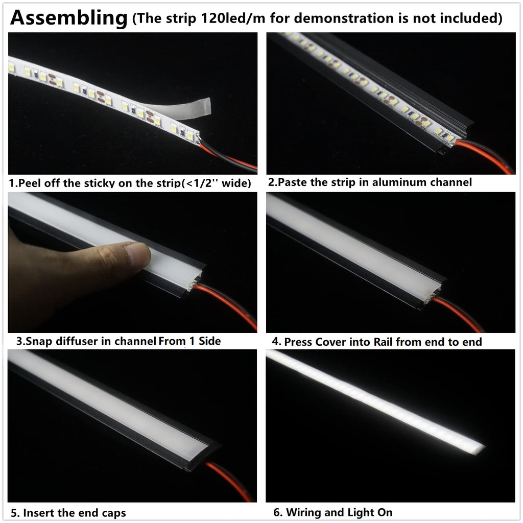 THMOOTHER 10-Pack 3.3FT/1M LED Strip Aluminum Channel Diffuser,Collar Shape Tape Light Under Cabinet Floating Shelf Alcove Recessed 25X7MM Matte Black Anodized Track, Milky Cover Concave Slot Profile