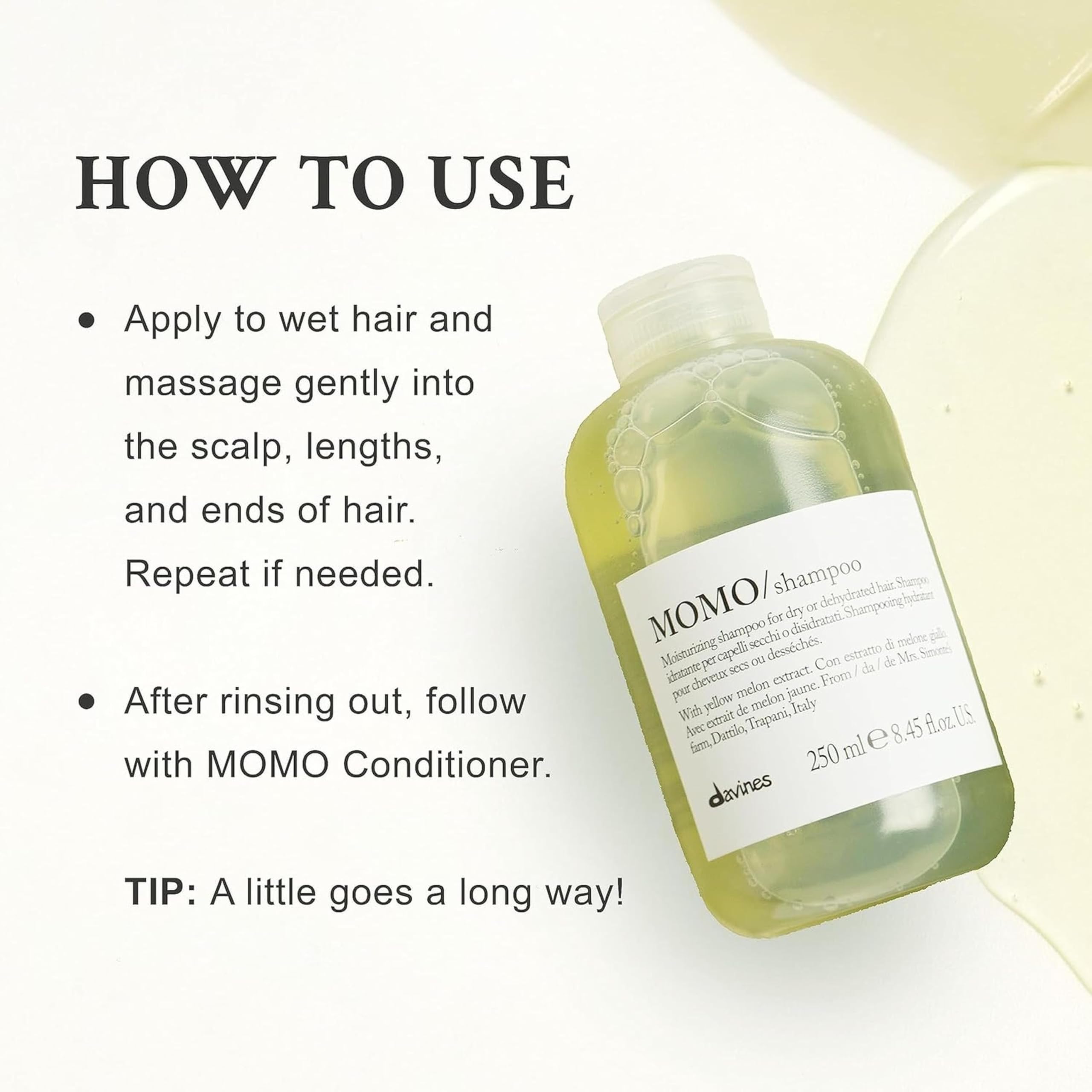 Davines MOMO Shampoo, Nourishing Gentle Cleansing Action for Dry and Dehydrated Hair - Promoting Lasting Hydration, Softness, and Shine with Melon Extract, Travel Size, 2.54 Fl Oz