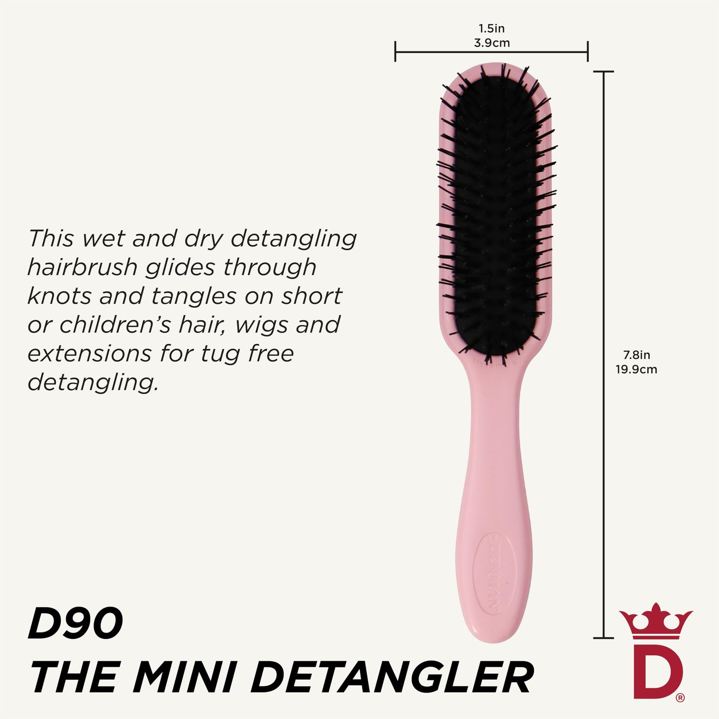 Denman Mini Ultra Detangler Hairbrush, best for children, Wigs and Hair Extensions for Tug Free Detangling - (Pink Crush)D90