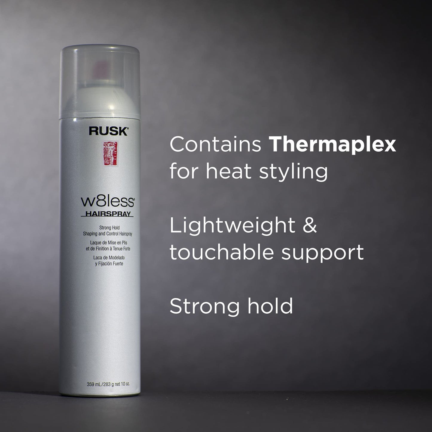 Laque coiffante et coiffante à tenue forte RUSK Designer Collection W8less, offre une texture naturelle et durable ainsi qu'une brillance maximale, 283 g