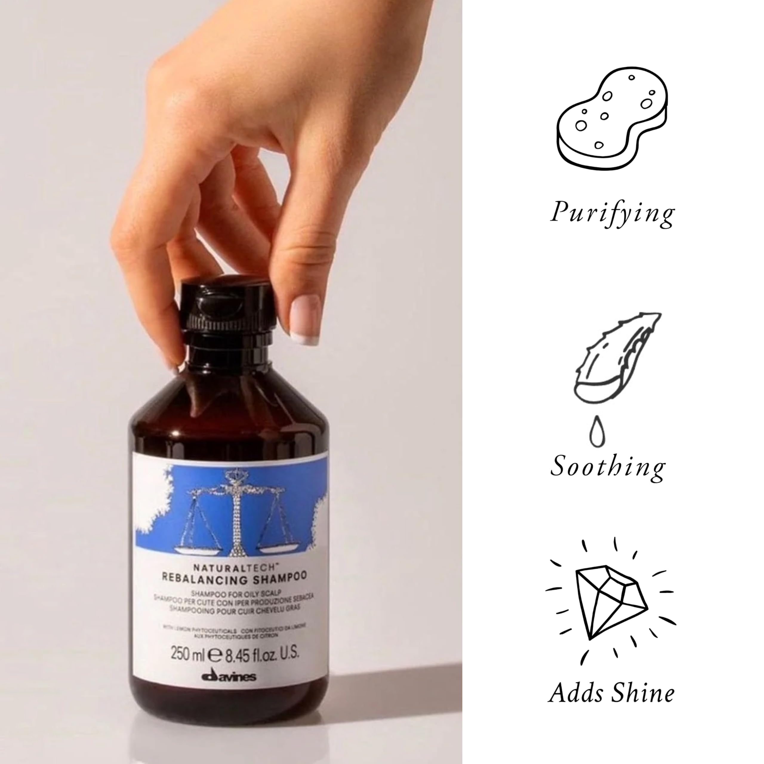 Davines Naturaltech Rebalancing Shampoo, Normalizing & Oil Control for Oily Scalp - With Lemon Phytoceuticals - Deep Cleansing for Oily Hair & Scalp, 8.45 Fl Oz