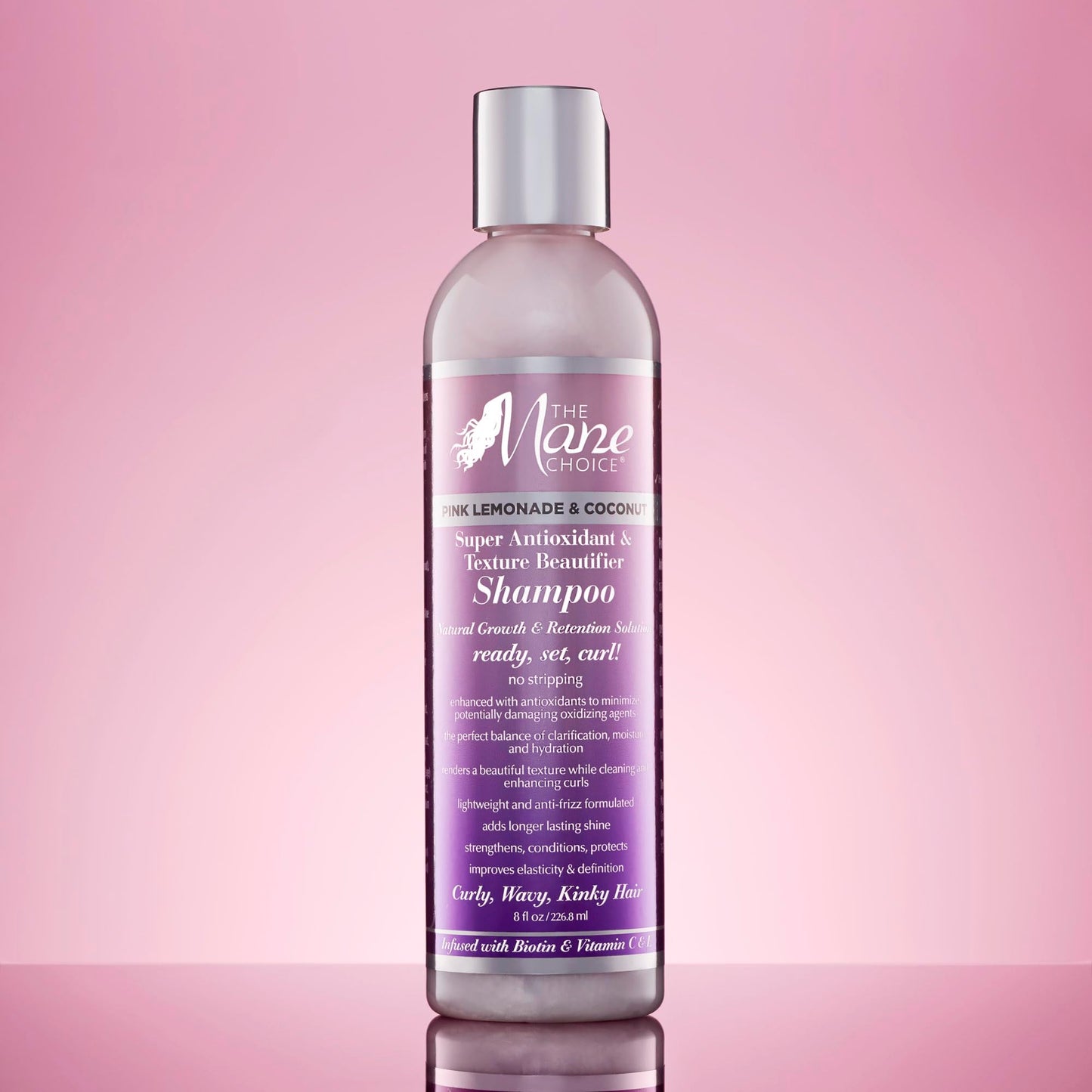 Shampooing super antioxydant et embellisseur de texture à la limonade rose de The Mane Choice