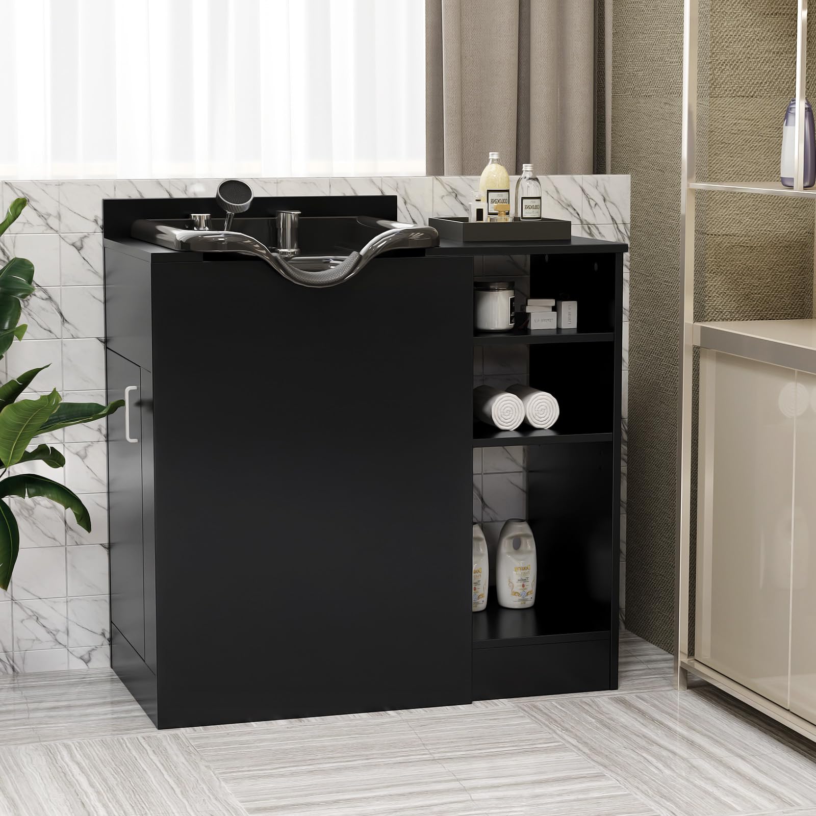 Black OmySalon Salon Station, Barber Station for Hair Stylist, Storage Cabinet with Shampoo Bowl, Drawer, Backwash Sink, UPC Certified Sprayer Faucet, for Beauty Salon Spa, Black