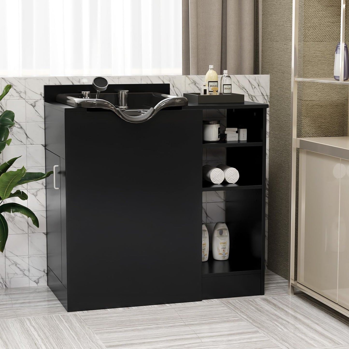 Black OmySalon Shampoo Bowl with Cabinet, Portable Salon Hair Washing Station with Adjustable Shelf, UPC Certified Faucet, Freestanding Backwash Sink for Barber, Beauty Salon, Spa