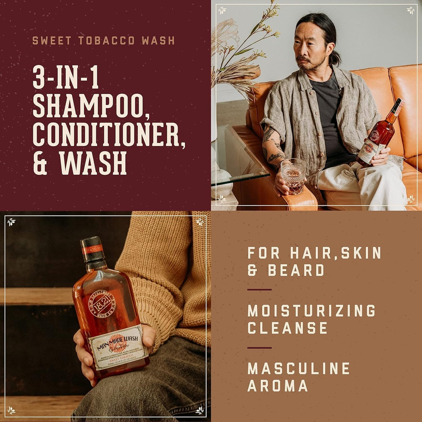Sienna 18.21 Man Made Noble Oud Wash & Absolute Mahogany 3-in-1, 18 oz Wash 2-Set Bundle, All Hair & Skin Types for Men, Strengthens and Moisturizes in a Manly Aroma