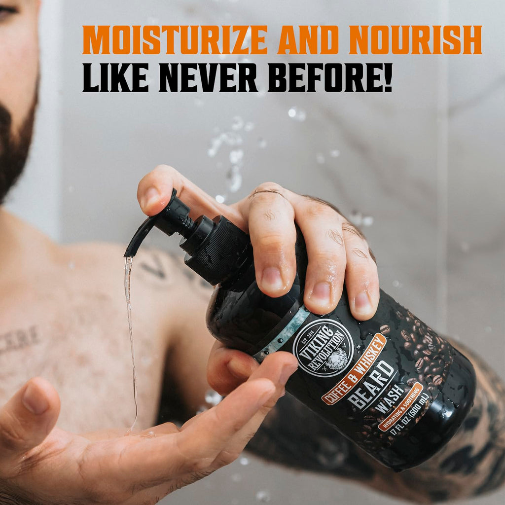 Viking Revolution Coffee Whiskey Beard Wash and Beard Conditioner Set with Argan and Jojoba Oils - Softens and Strengthens - Coffee Whiskey Scent - Beard Shampoo with Ginseng Root Extract (17 oz)
