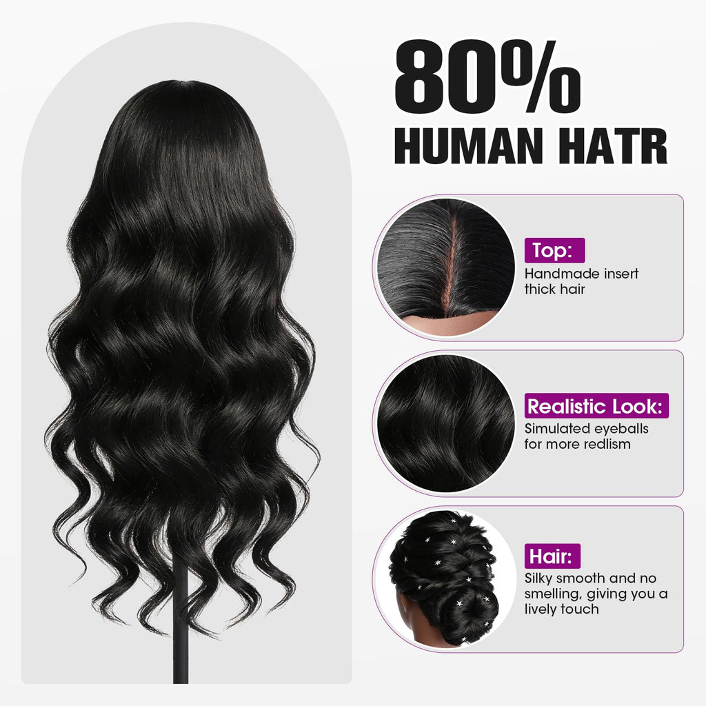 Mannequin Head Human Hair, 26" Cosmetology Mannequin Head with 80% Human Hair, Doll Head for Hair Styling with Clamp Holder and Tools (Black)