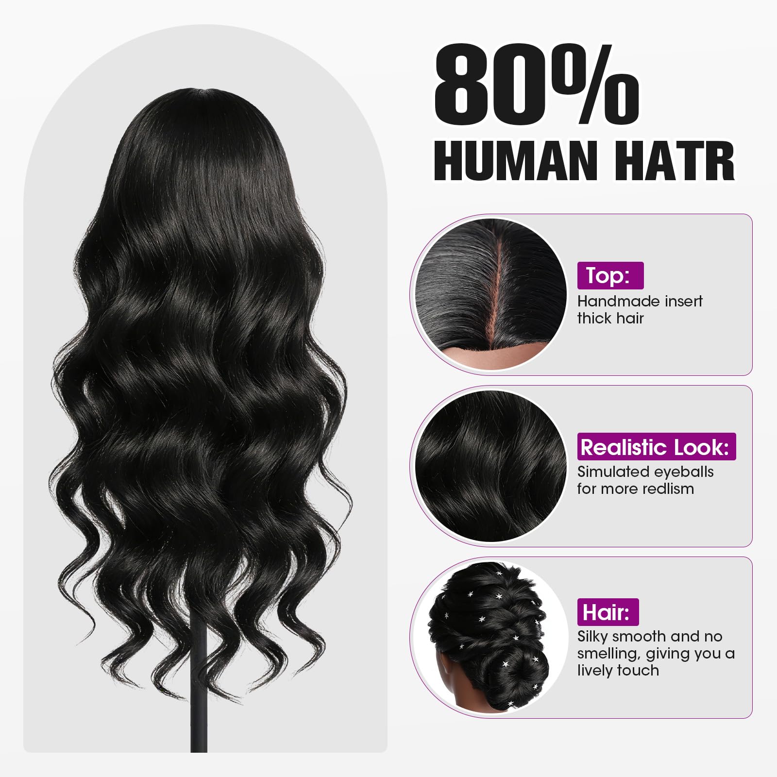 Mannequin Head Human Hair, 26" Cosmetology Mannequin Head with 80% Human Hair, Doll Head for Hair Styling with Clamp Holder and Tools (Black)