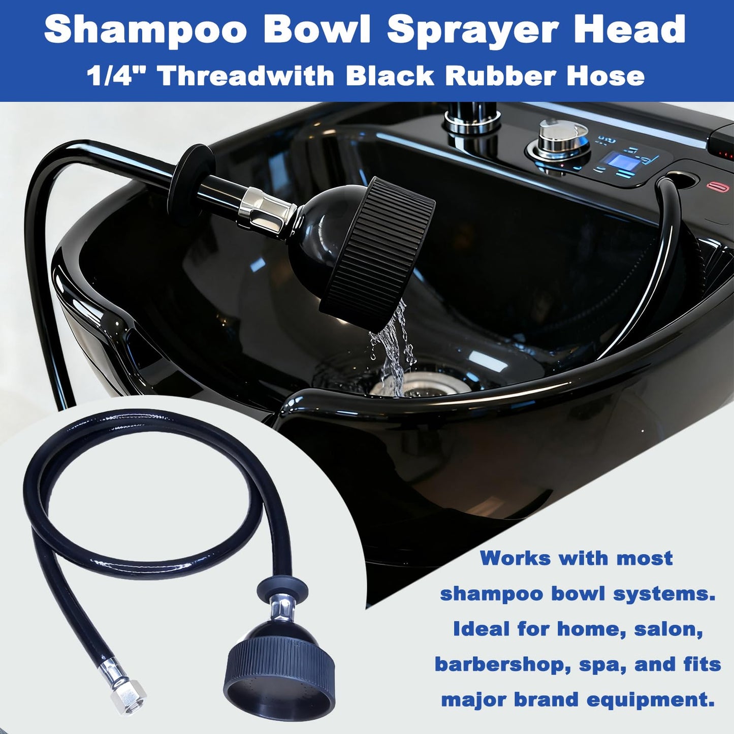 2 Pcs Shampoo Bowl Sprayer Head with Black Rubber Hose Kit 1/4" Thread for Salon Sink Barber Shop Spa Basin & Most Commercial Shampoo Systems