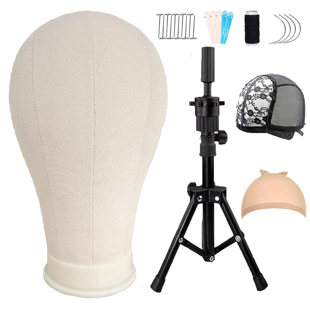 LUNGCYX 23Inch Wig Stand Tripod,Canvas Wig Head Stand Mannequin Head Foldable Wig Stand Set for Making Display with Table Clamp,Wig Cap & T Pins