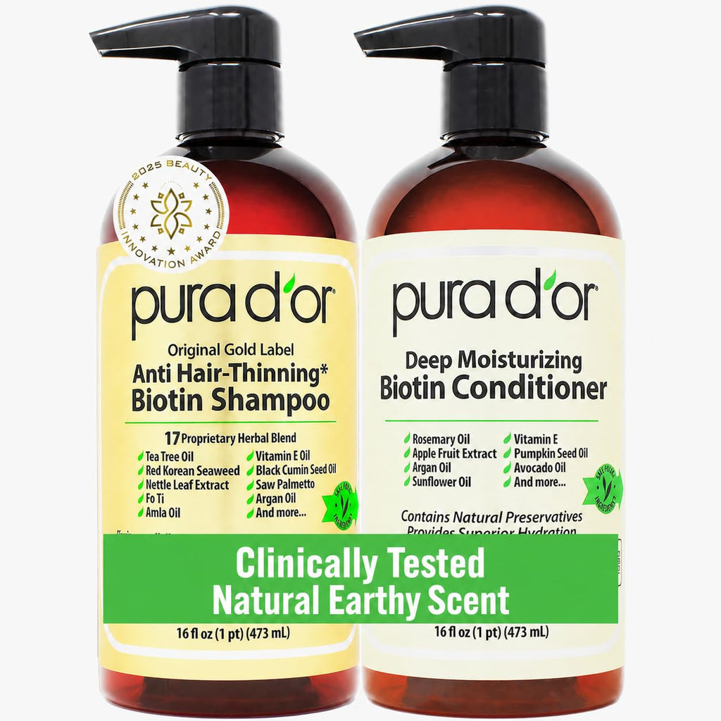 PURA D'OR Anti-Thinning Biotin Shampoo and Conditioner Natural Earthy Scent, CLINICALLY TESTED Effective Results, Herbal Blend Thickening Products For Women & Men, Original Gold Label Set, 16oz x2