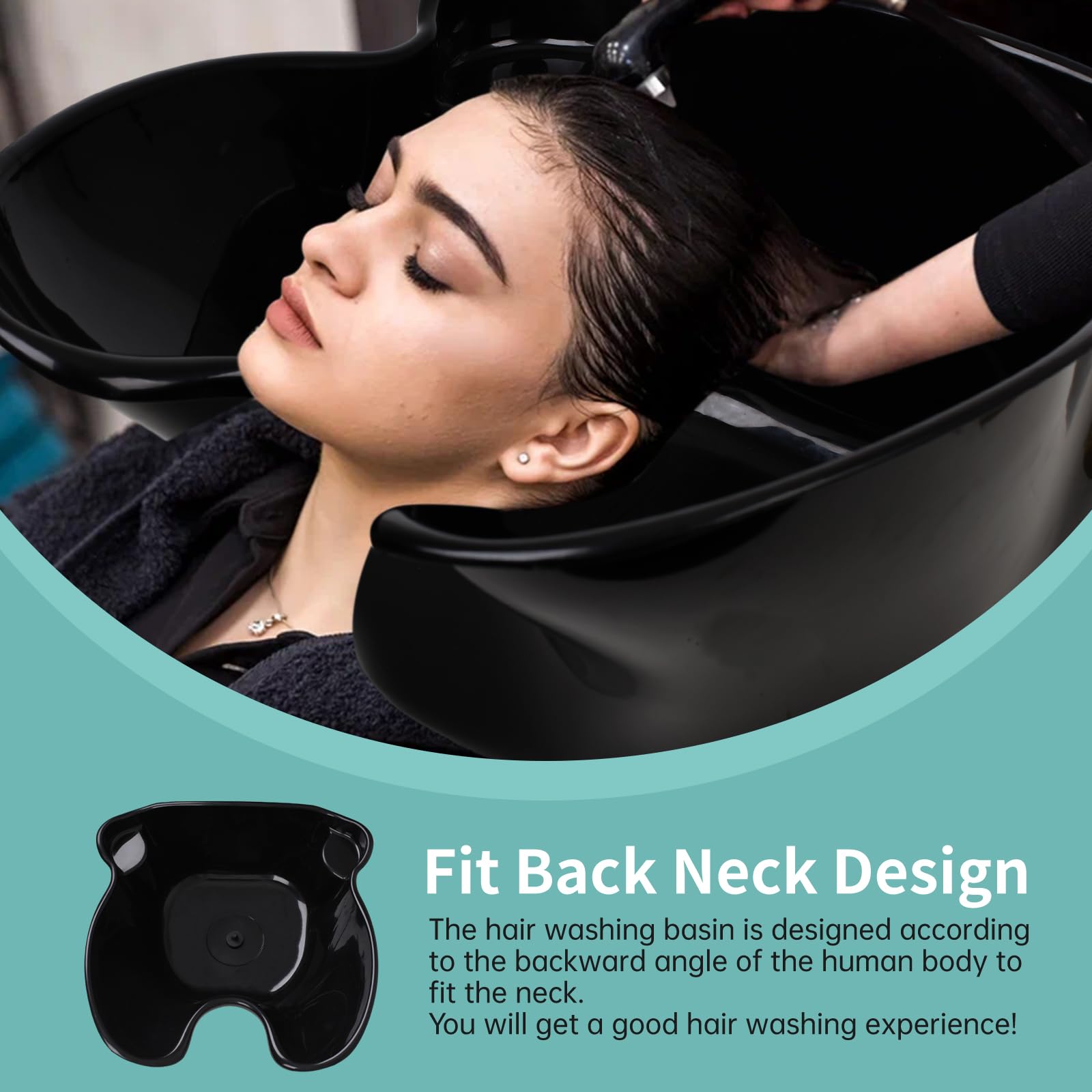 Portable Shampoo Bowl, Shampoo Basin Salon Sink with 1.5m Drain Pipe, Height & Angle Adjustable, Standing Deep Shampoo Bowl for Home/Salon Hair Washing and Cutting, Black