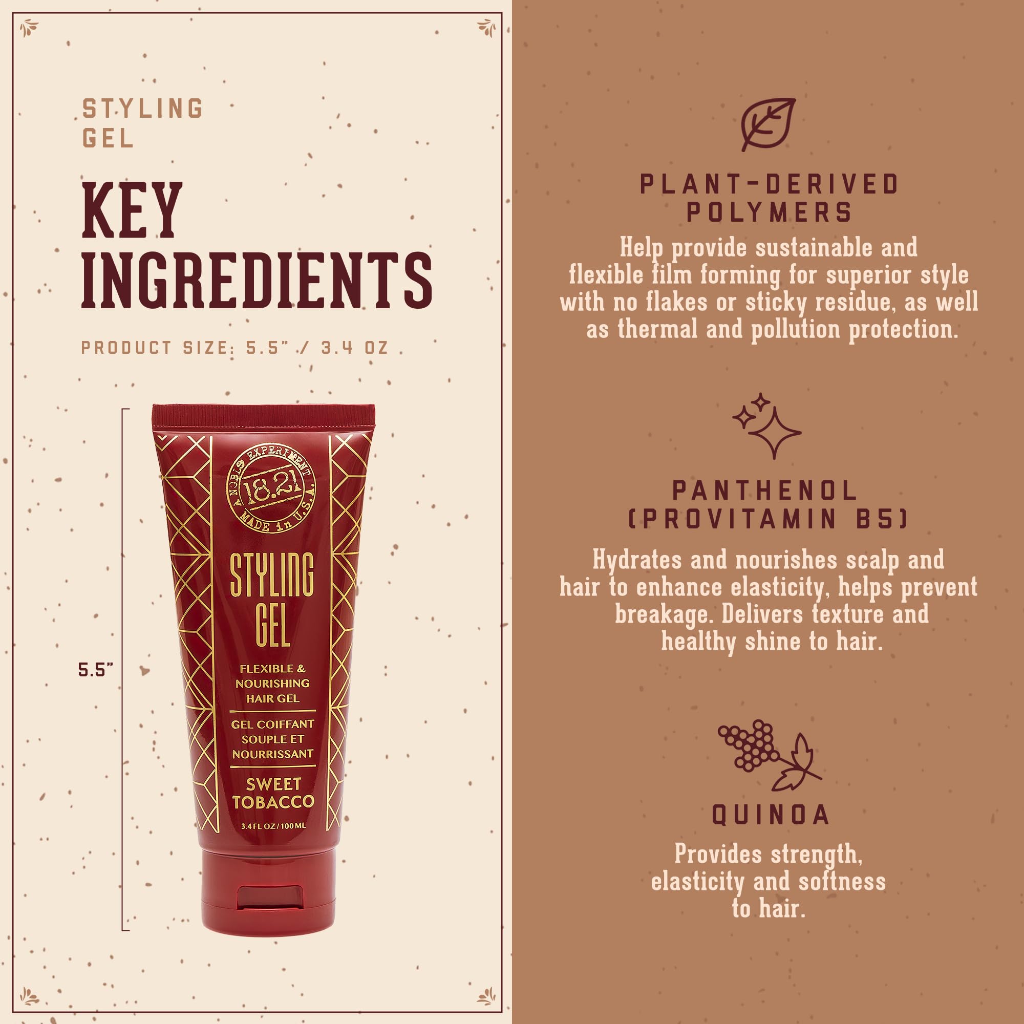 18.21 Man Made Hair Styling Gel for Men, Weightless All-Day Flexible Hold, 3oz. Original Sweet Tobacco Scent