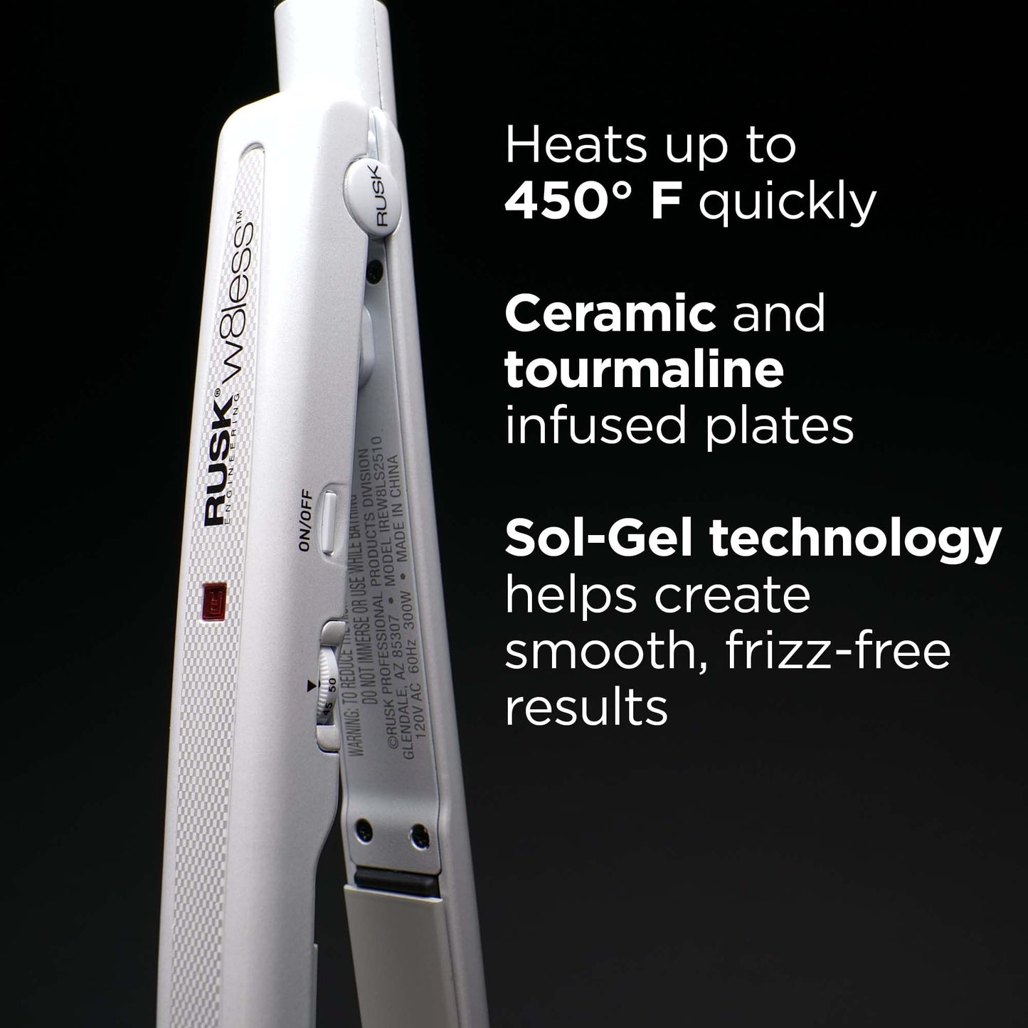 Fer à repasser professionnel RUSK Engineering W8less en céramique et tourmaline Str8, 2,5 cm, léger, infusé de tourmaline, combiné à la technologie Sol-Gel