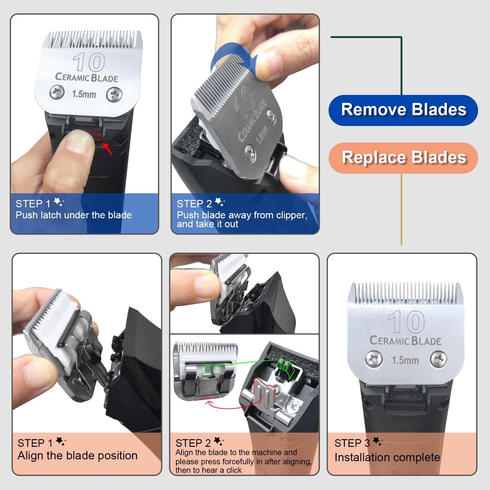 DODAER Size 7FC/5FC/4FC Detachable Pet Dog Grooming Clipper Ceramic Blades Set,Compatible with Andis,Oster A5,Wahl KM Series Clippers,Cut Length 1/8"(3.2mm) to 3/8”(9.5mm),3 Pack