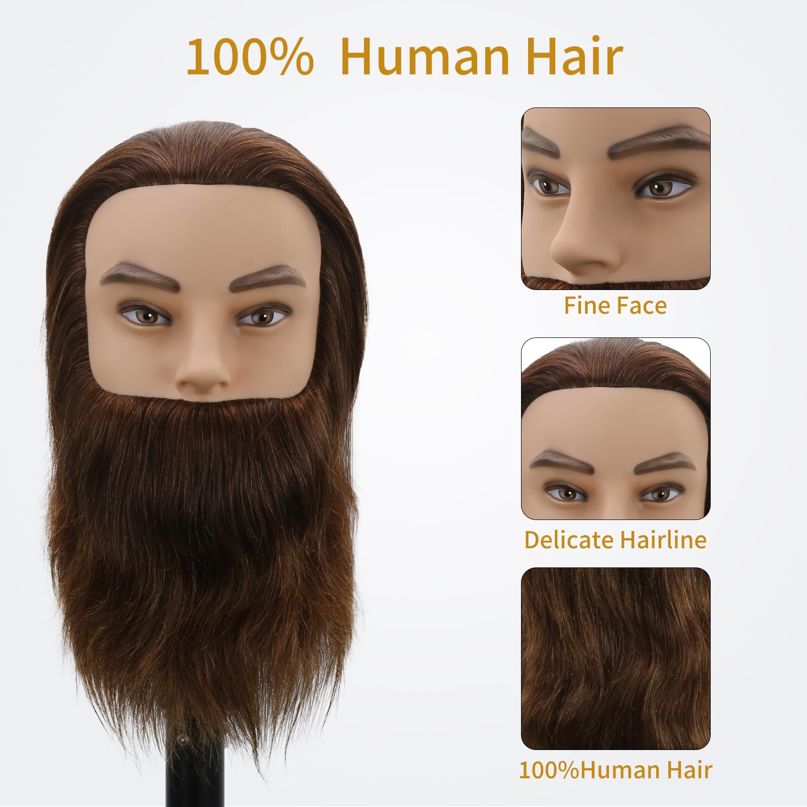 Male Mannequin Head,Training Head with 100% Human Hair 12inch Barber Mannequin Head Male Mannequin Head With Beard for Hair Styling, Practicing Cut Styling（Dark Brown）