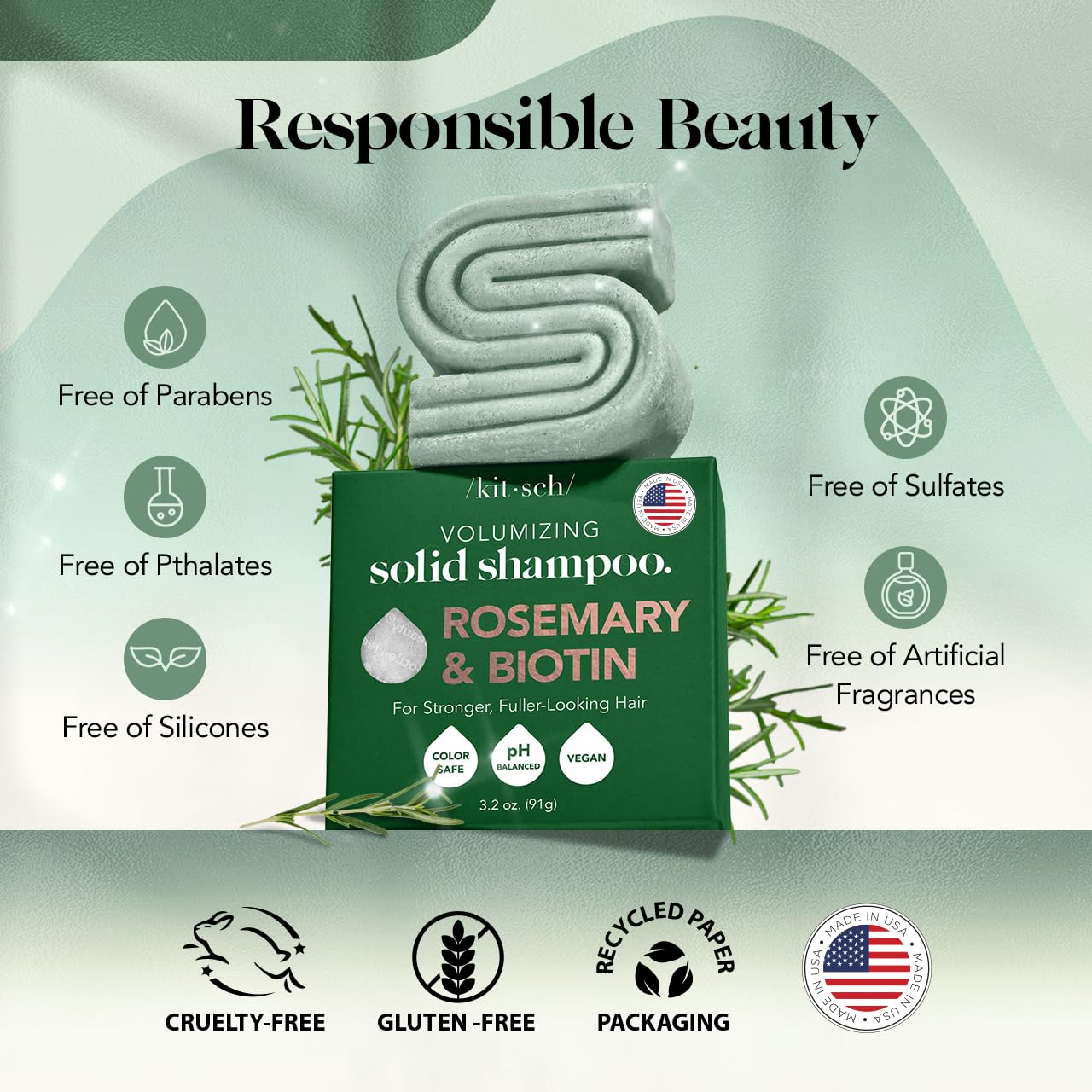 Kitsch Rosemary & Biotin Shampoo Bar - For Hair Growth, Strengthening, Thickening & Volumizing Shampoo for Women and Men - Free of Parabens, Sulfates & Silicones - Made in USA - 3.2 oz