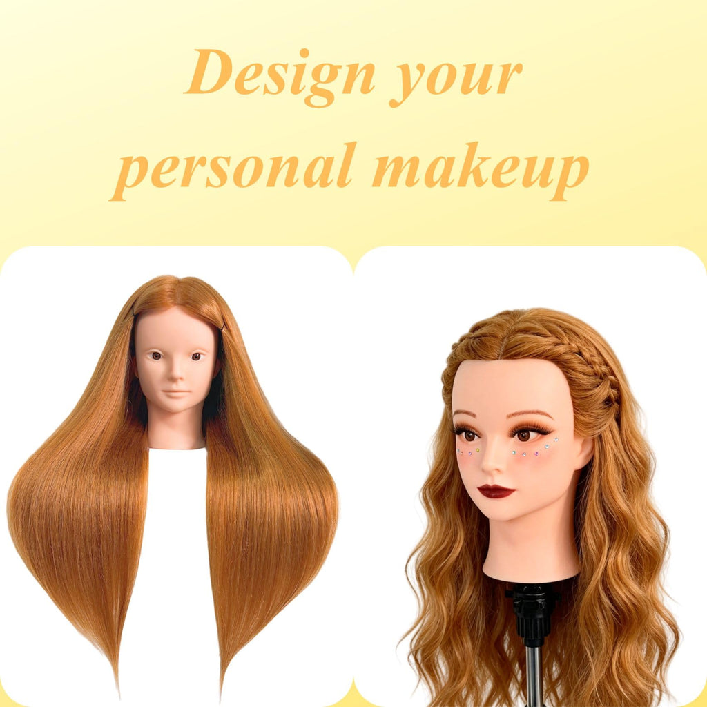 Makeup Mannequin Head with 80% Light Auburn Real Hair, Practice Hair Mannequin Head for Hair Styling, 28" Cosmetology Training Doll Head for Kids