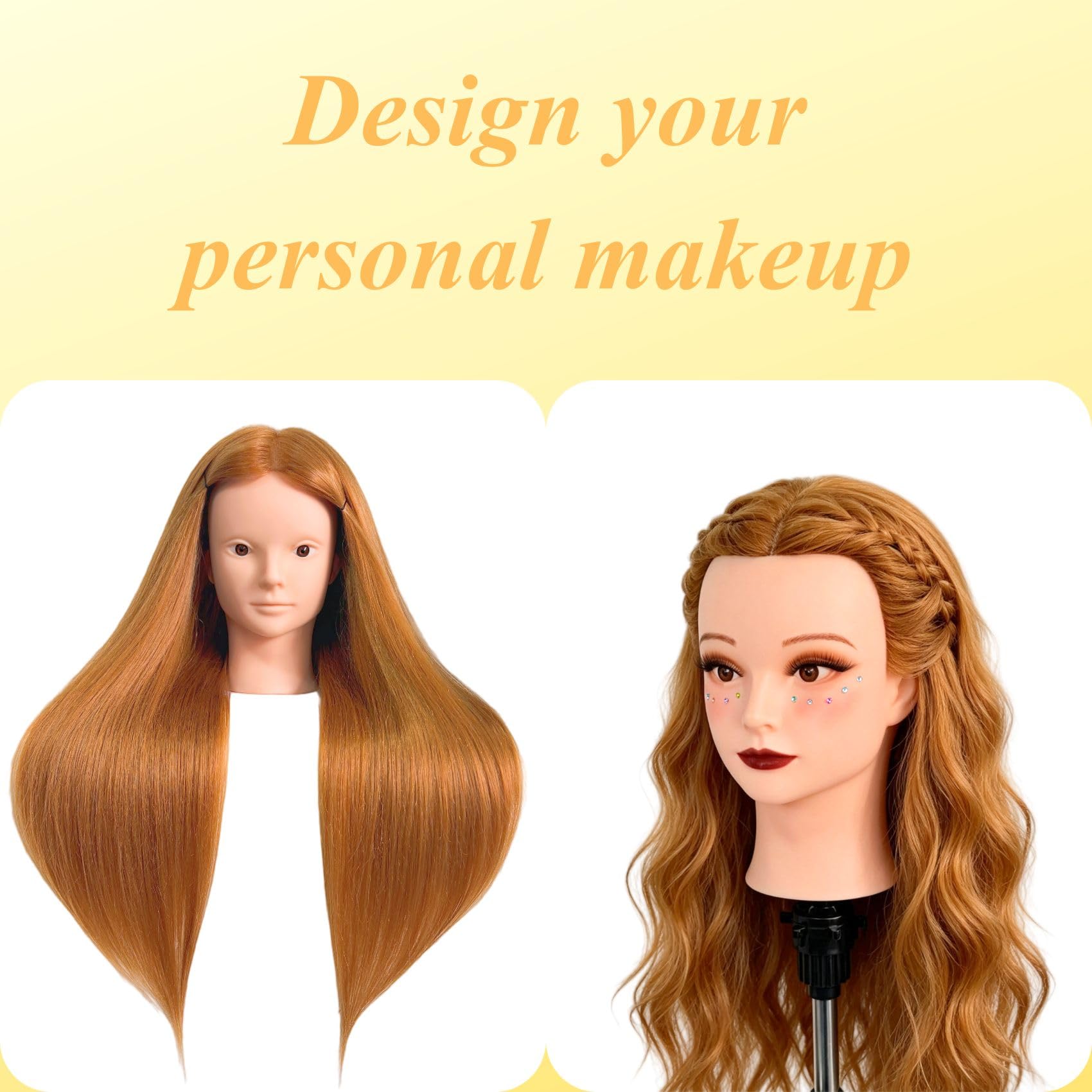 Makeup Mannequin Head with 80% Light Auburn Real Hair, Practice Hair Mannequin Head for Hair Styling, 28" Cosmetology Training Doll Head for Kids