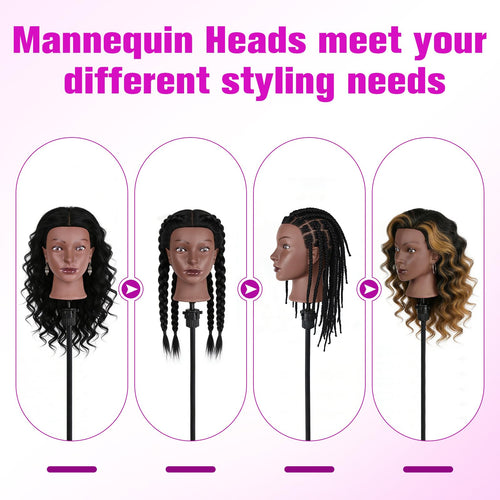 100% Real Hair Mannequin Head,22''Human Hair Mannequin Cosmetology Manikin Doll Head Hair Styling Hairdressing Practice Training Head with Clamp Holder and Tools（Black）