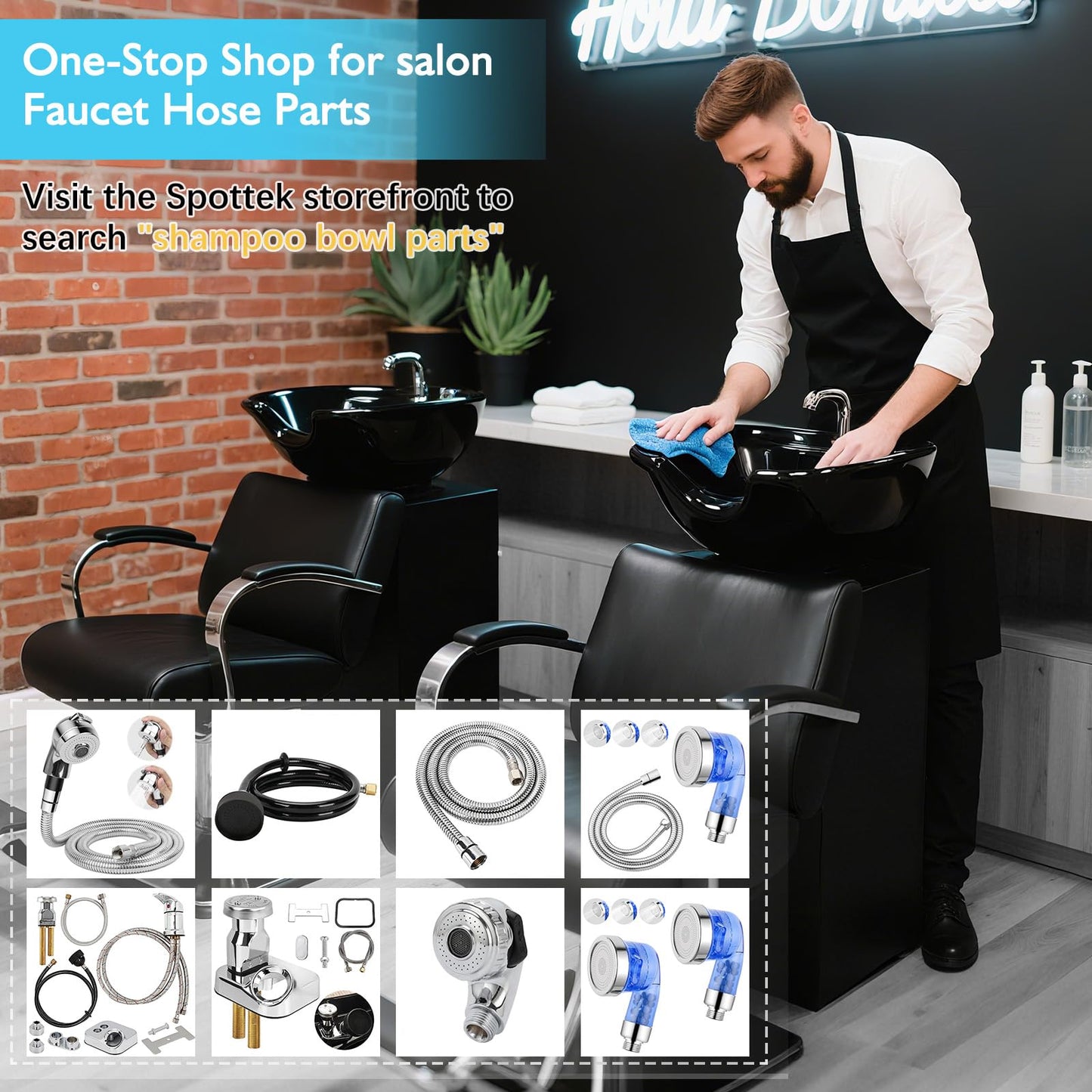 Black LukLoy All-in-One Salon Shampoo Bowl Faucet Vacuum Breaker Kit, Complete Set Salon Sink Parts for Salon Shampoo Bowl and Bed, 1/4" Nut Beauty Salon hose and sprayer for Barber Shop Spa Center