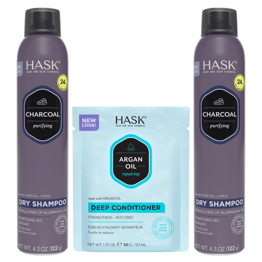 HASK Charcoal Clarifying Dry Shampoo Duo (4.3oz-Qty 2) & Argan Oil Repairing Deep Conditioner Packette, Aluminum-Free, Sulfate-Free, Paraben-Free, Color Safe, for All Hair Types