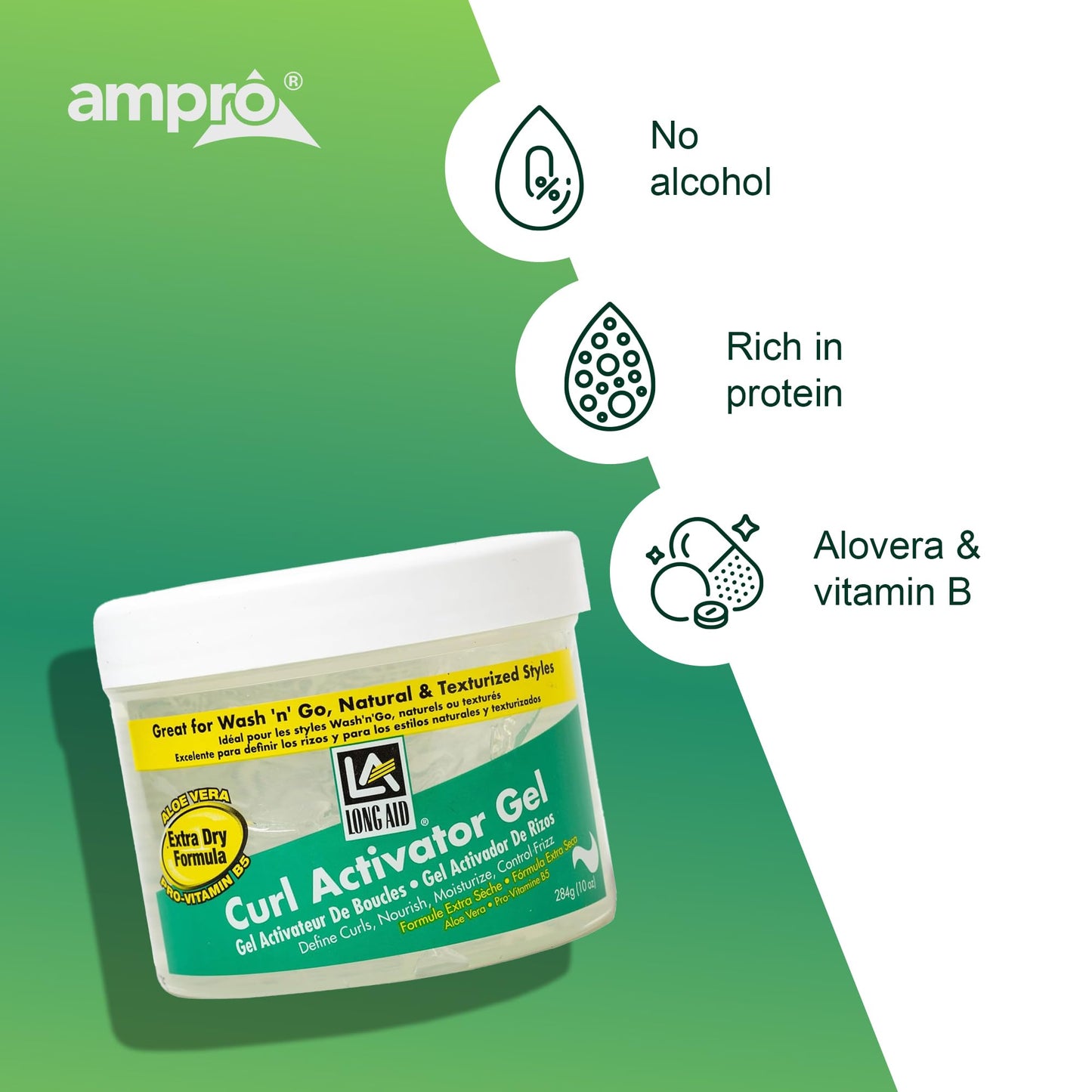 AmPro Long-Aid Activator Gel - Enriched with Aloe Vera, Protein, and Vitamin B Complex - Brings Essential Moisture to Strands - Defines Your Natural Curls - Extra Dry - 10 oz