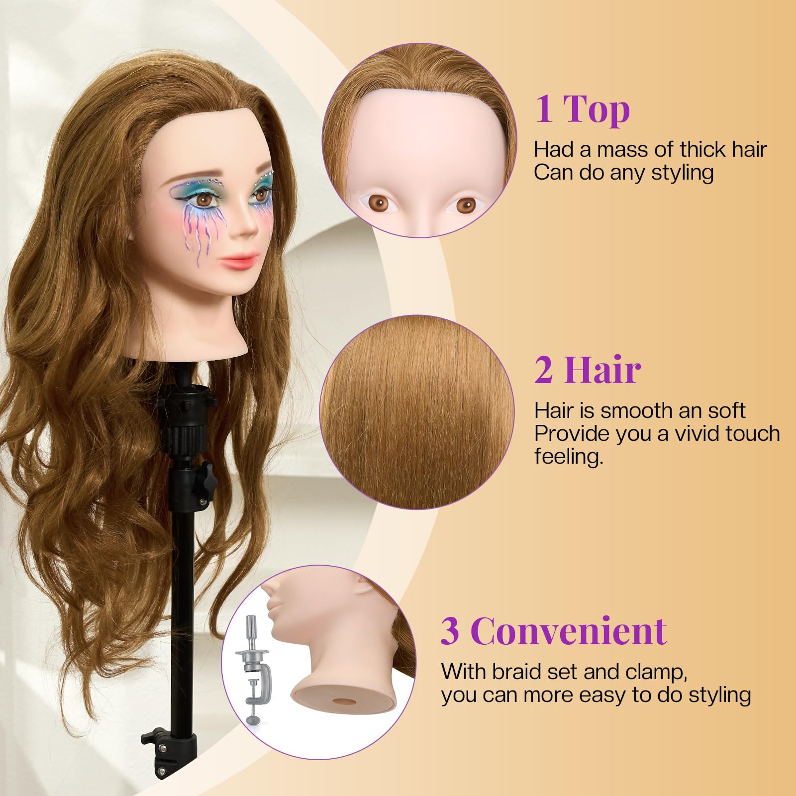 Light Goldenrod Mannequin Head with 80% Real Human Hair with Tripod Stand - 28" Makeup Cosmetology Manikin Doll Head for Hair Styling, Hairdressing Training Head for Braiding Practice Suitable for Hair Extensions