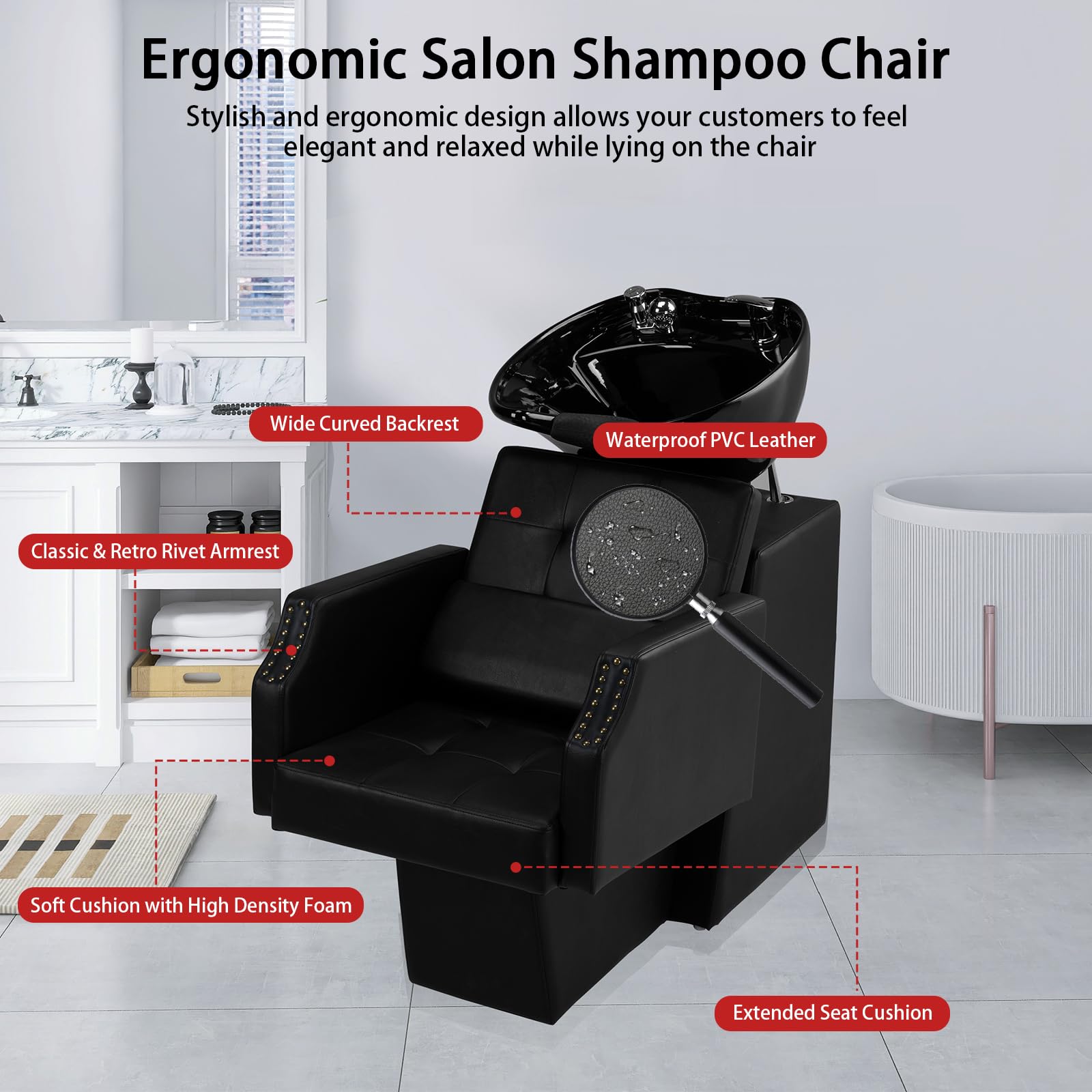 Light Gray Winado Salon Shampoo Backwash Chair, Hair Wash Stations with Large Ceramic Bowl, Adjustable Shampoo Bowl Sink Chair for Barbershop Beauty Spa Massage Hairdressing Equipment