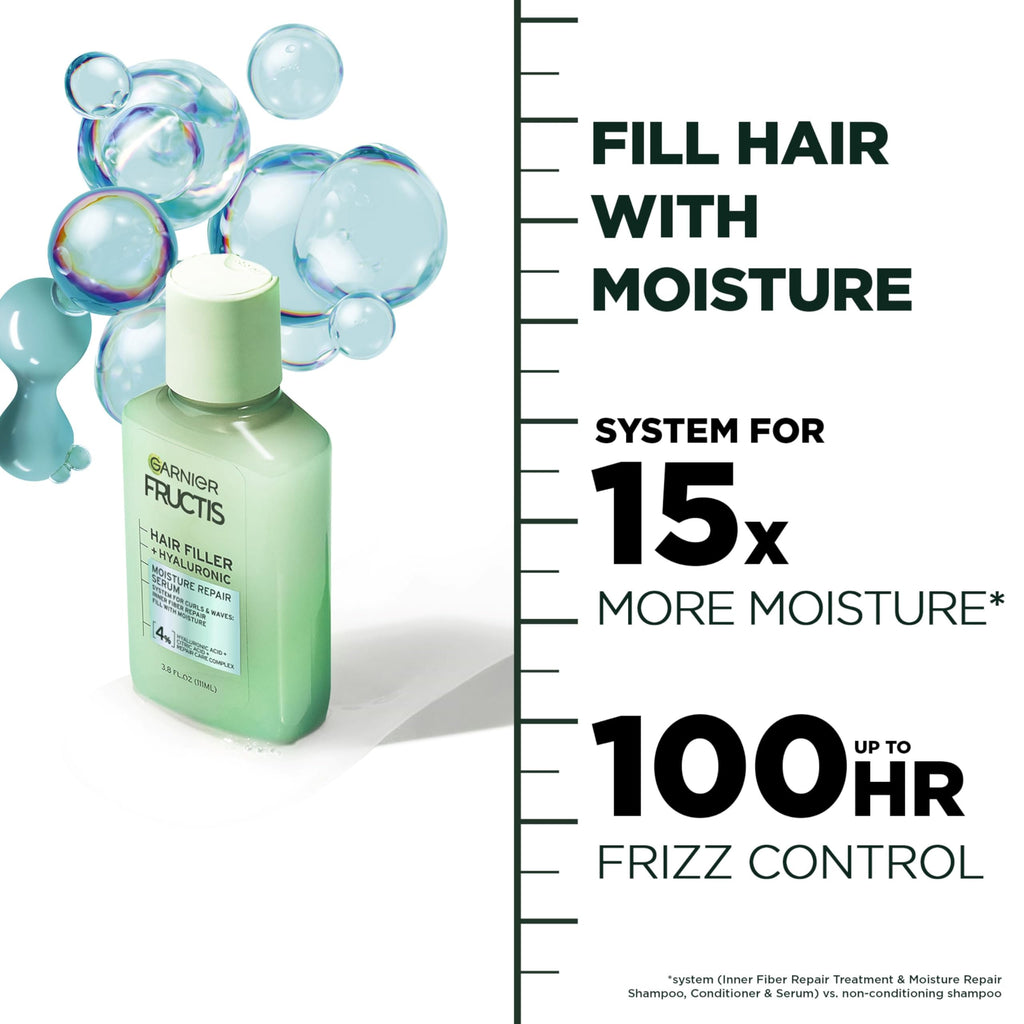 Garnier Fructis Hair Filler Moisture Repair Serum Treatment, Moisturizing Hair Serum for Curls and Waves with Hyaluronic Acid, 3.75 Fl Oz, 1 Count