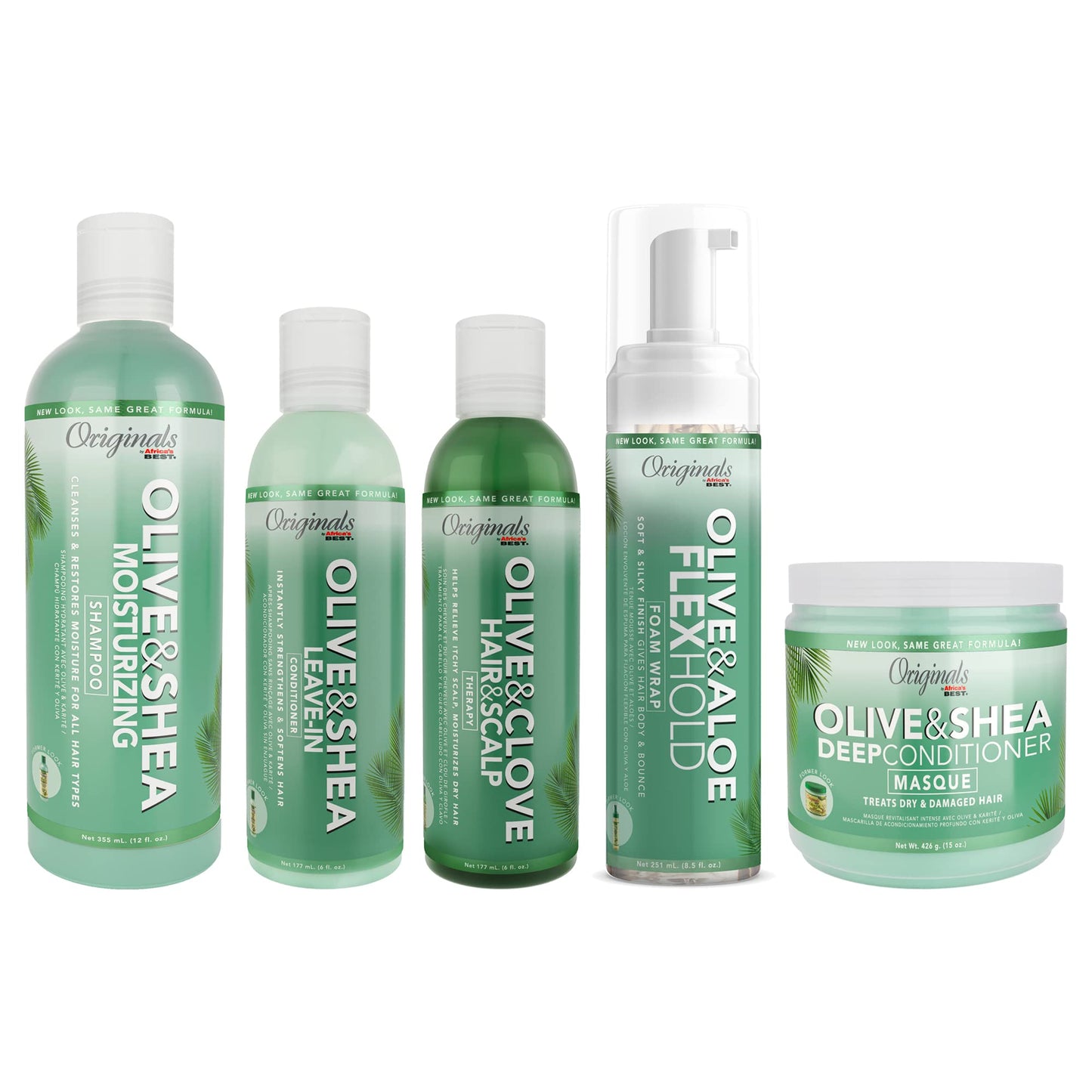 Originals by Africa's Best Wash Day Deluxe Bundle Includes: Olive & Shea Shampoo & Conditioner, Olive & Shea Leave In Conditioner, Olive & Clove Oil Therapy, Olive & Aloe Foam Wrap Lotion