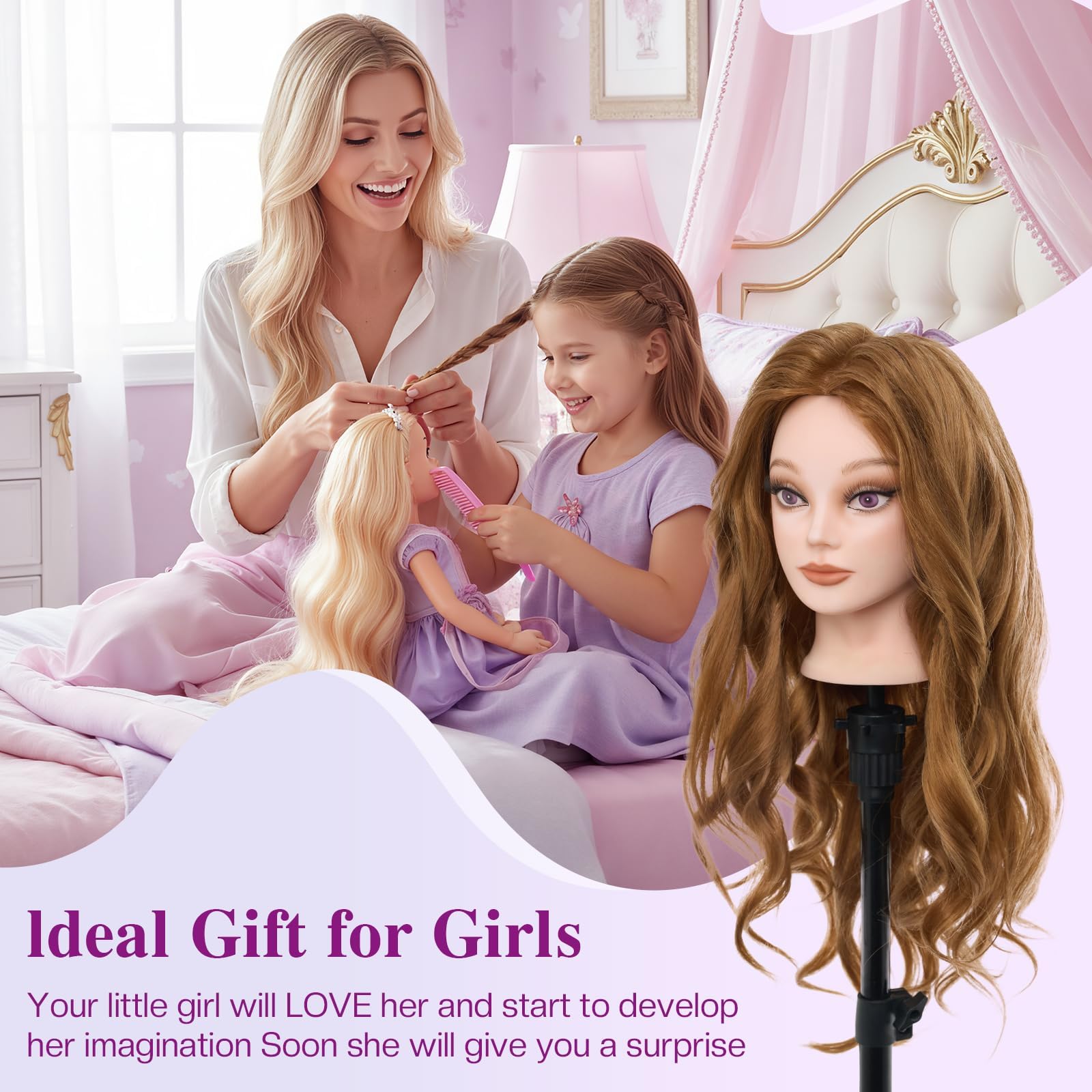 Mannequin Head 80% Human Hair - 28" Makeup Manikin Doll Head for Hair Styling, Hairdressing Training Practice Braiding for Cosmetology Students, Professionals & Practice Exams