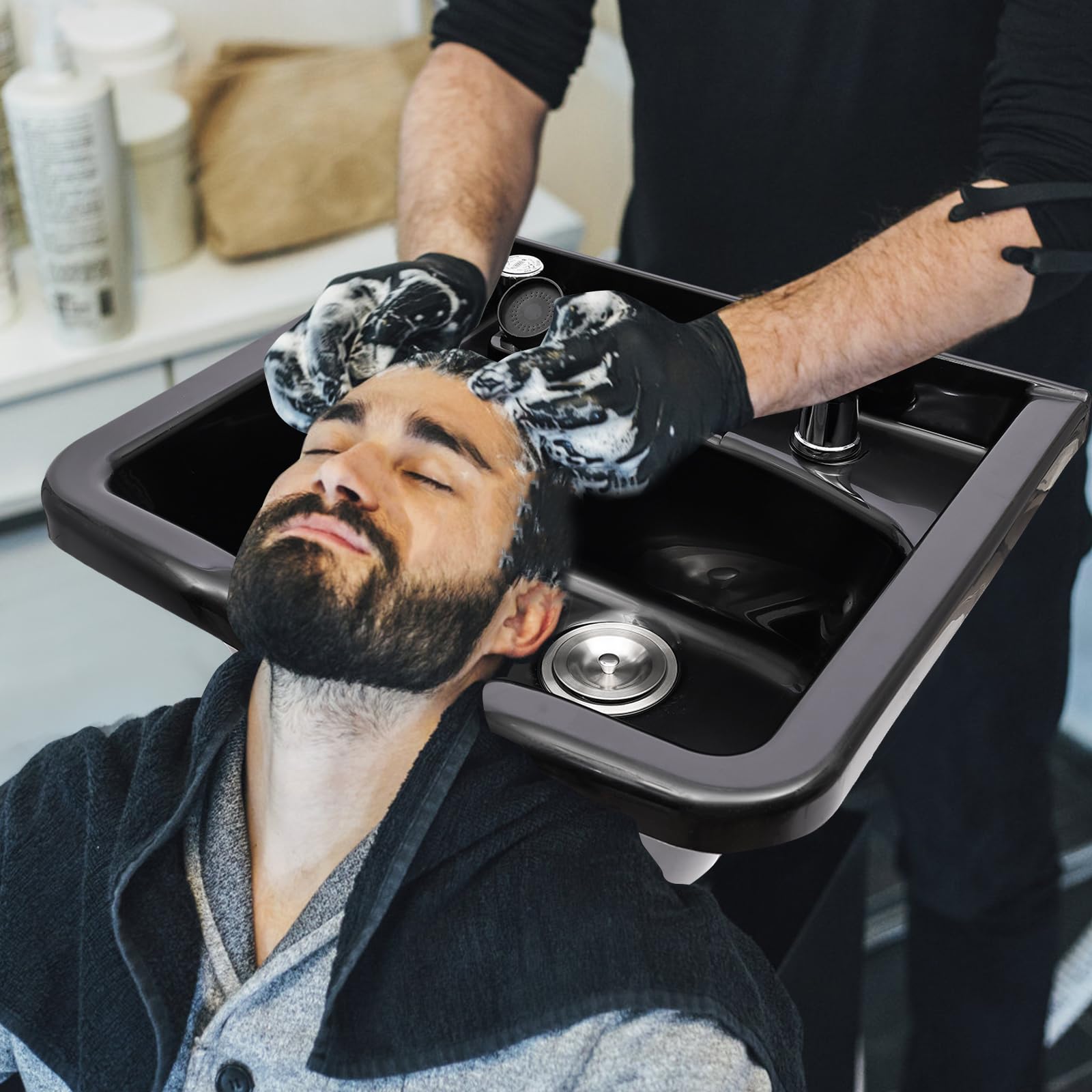 Black Professional Salon Shampoo Bowl, Wall Mounted Shampoo Sink, Salon and Barber Equipment Black Deep ABS Backwash Sink for Hair Stylists with All Installation Hardware