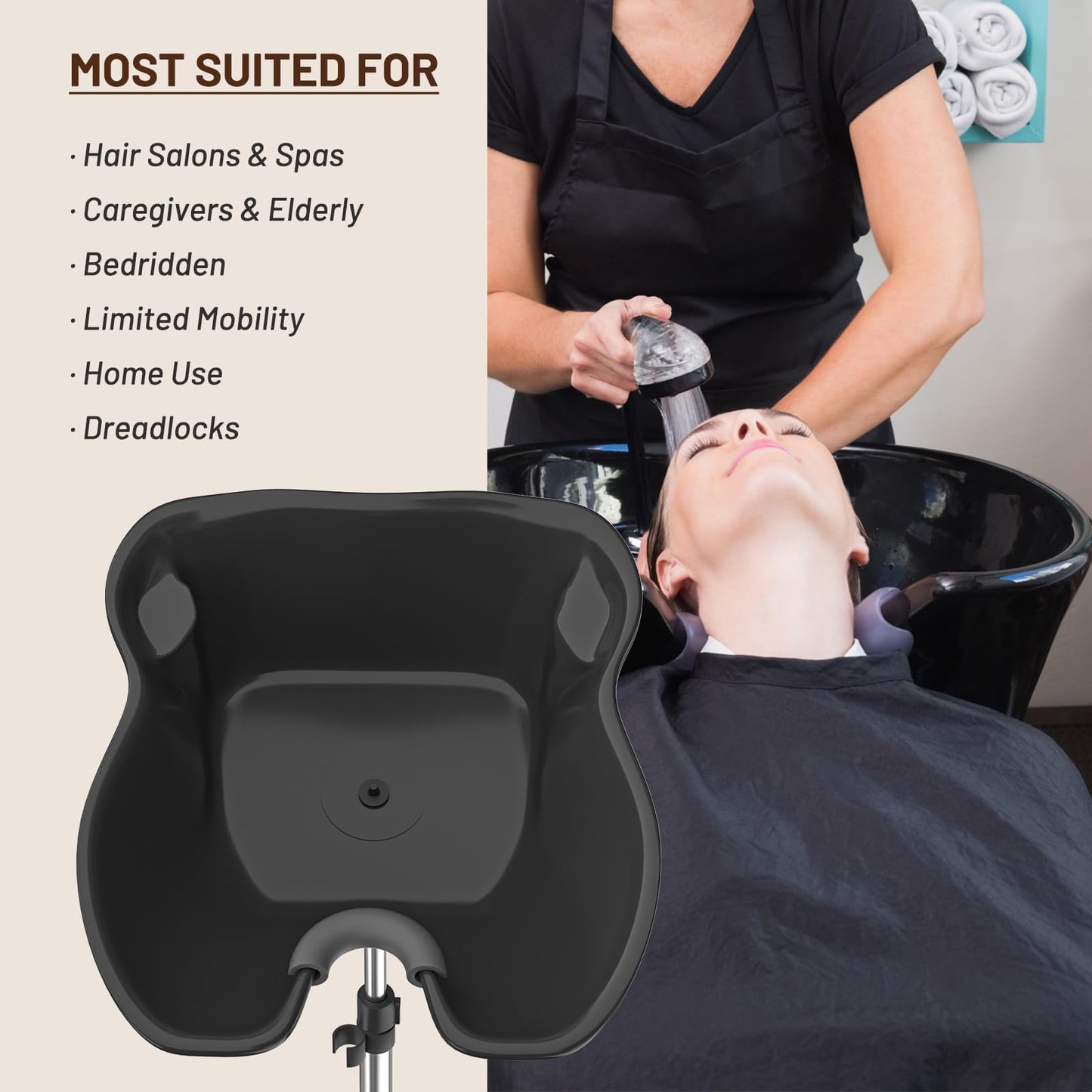 Height Angle Adjustable Portable Shampoo Basin Hair Washing Sink Shampoo Bowl for Home and Salon, 118.11” Drain Hose, Stainless Steel Base, Lockable Wheels