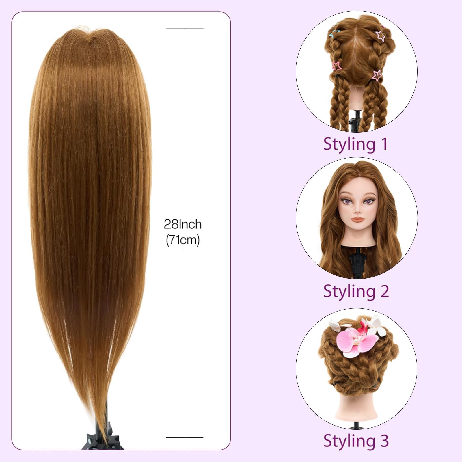 Mannequin Head 80% Human Hair - 28" Makeup Manikin Doll Head for Hair Styling, Hairdressing Training Practice Braiding for Cosmetology Students, Professionals & Practice Exams