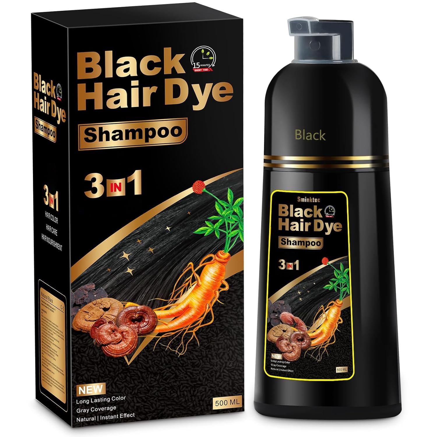 Black Hair Dye Shampoo 3 in 1 for Gray Hair, Herbal Ingredients Natural Shampoo Hair Dye for Women Men (Black)