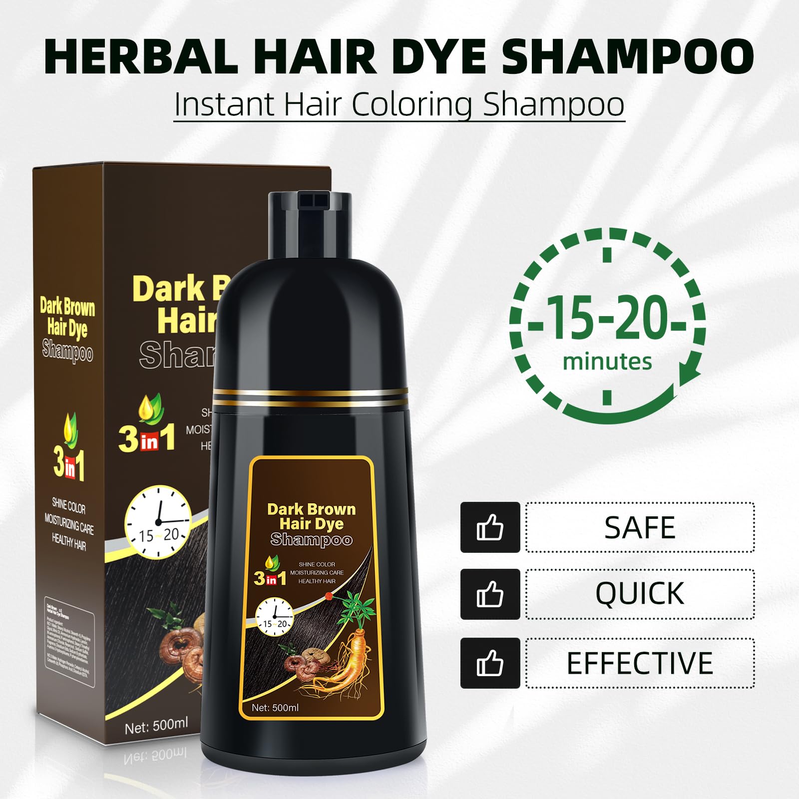 Dark Brown Hair Dye Shampoo 3 in 1 for Gray Coverage for Women/Men, Color Shampoo Instant Herbal Ingredients Semi Permanent