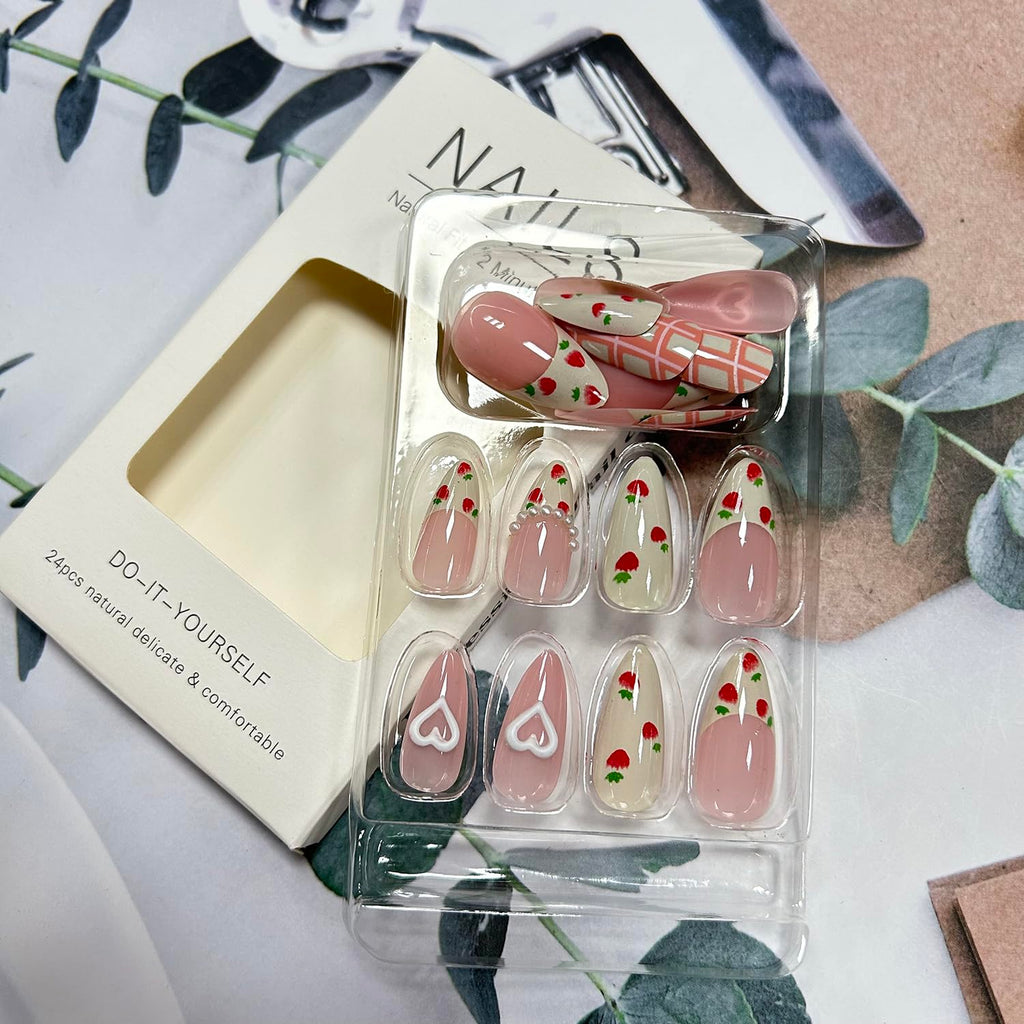 Press On Alcove - Cute Strawberry 3D Love Heart & Pearl Design False Nails: Medium Almond, Artificial Acrylic, Full Coverage, Reusable Coffin, Glue On Nails for Women
