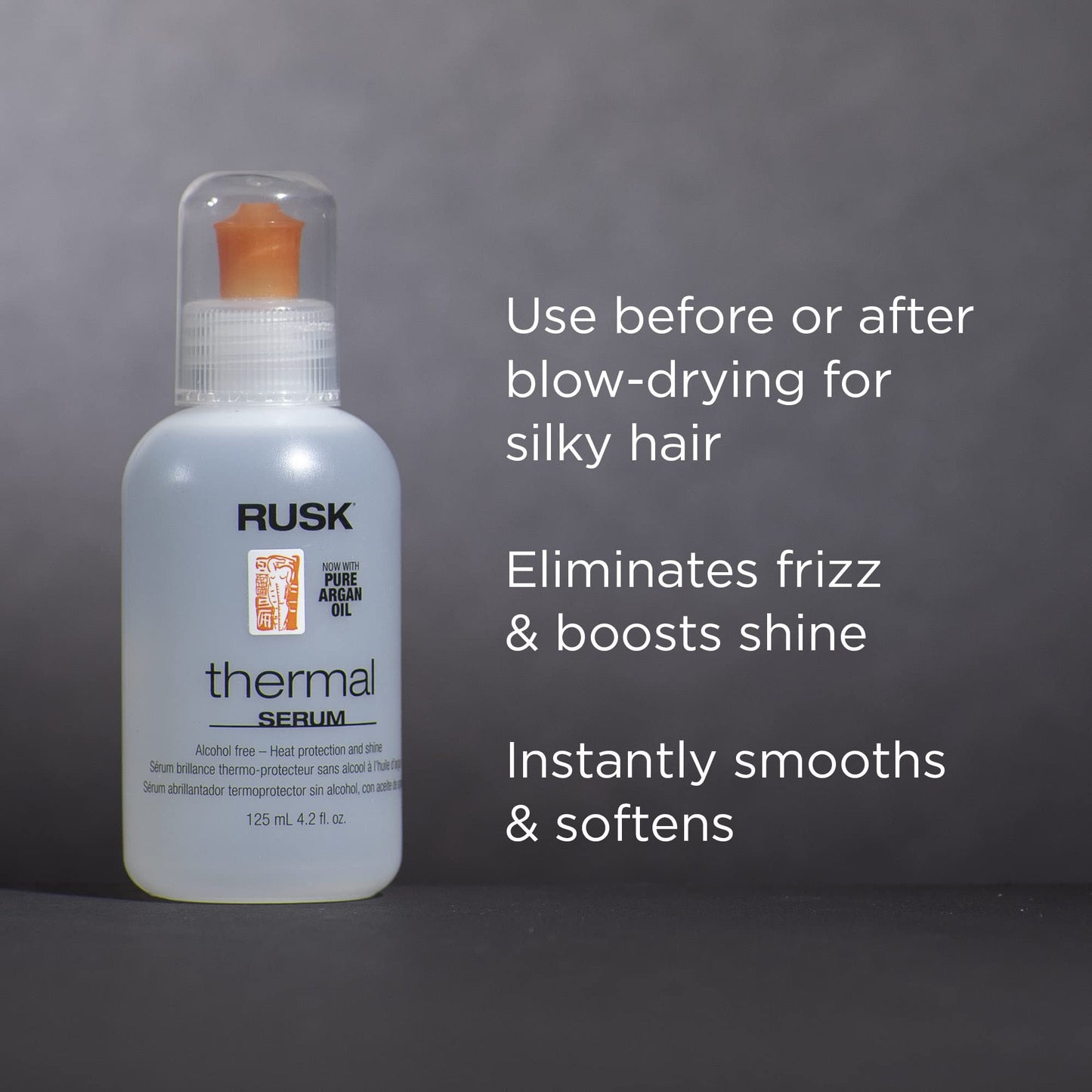 RUSK Designer Collection Thermal Serum with Argan Oil, Alcohol-Free Conditioning Serum, Heat Protection and Shine, Frizz Eliminator, 4.2 oz