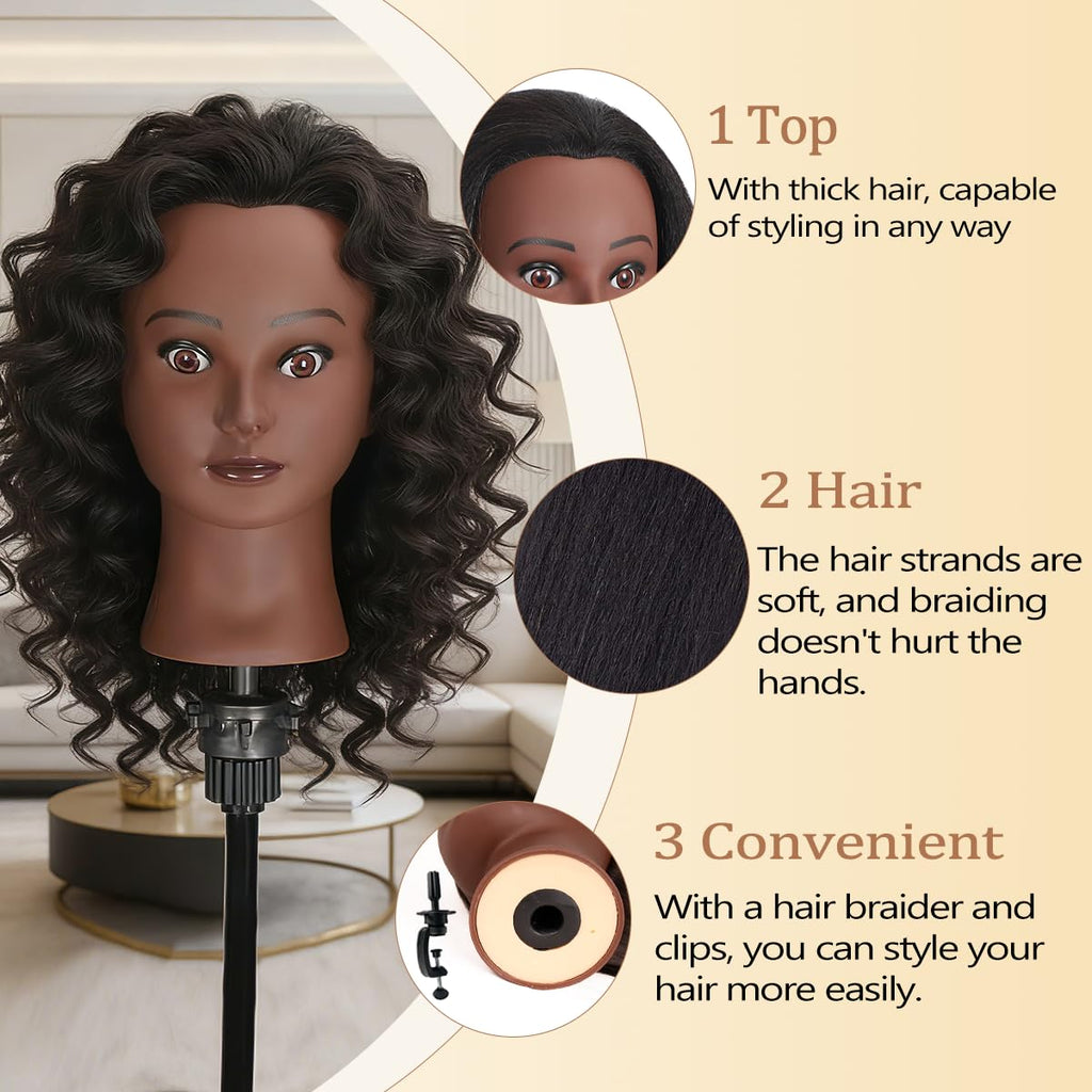 Mannequin Head with 100% Real Human Hair, Cosmetology Training Head for Hair Styling Braiding Cutting Curling, Professional Hairdresser Practice Manikin Head with Free Clamp (A01-Black-16)