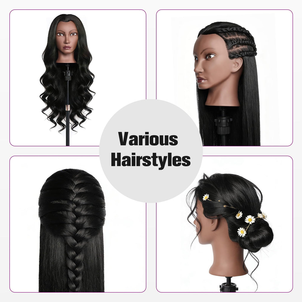 Mannequin Head Human Hair, 26" Cosmetology Mannequin Head with 80% Human Hair, Doll Head for Hair Styling with Clamp Holder and Tools (Black)